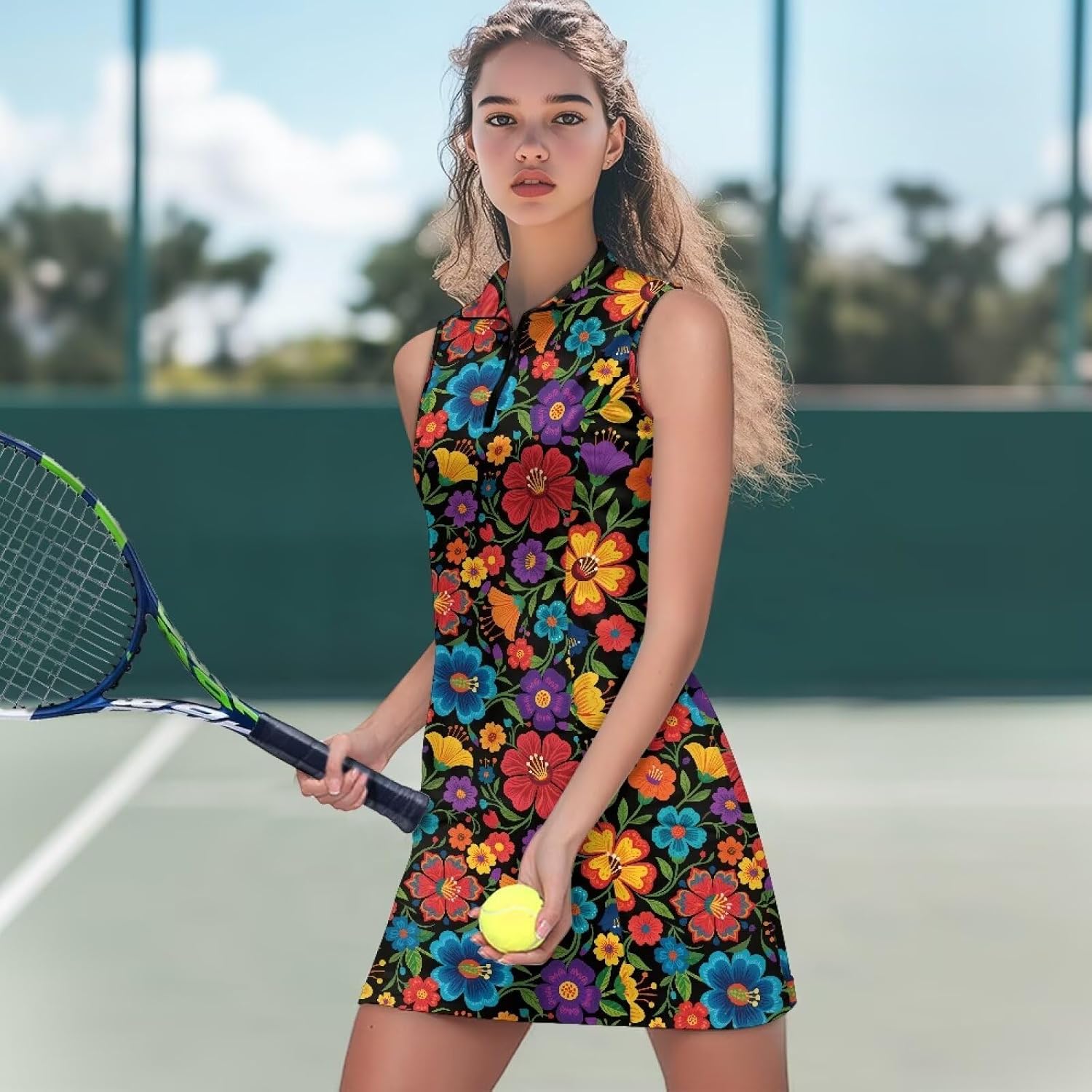 JEOCODY Women's Tennis Golf Dress with Shorts Casual Workout Sports Athletic Dresses Half Zipper Athletic Dresses