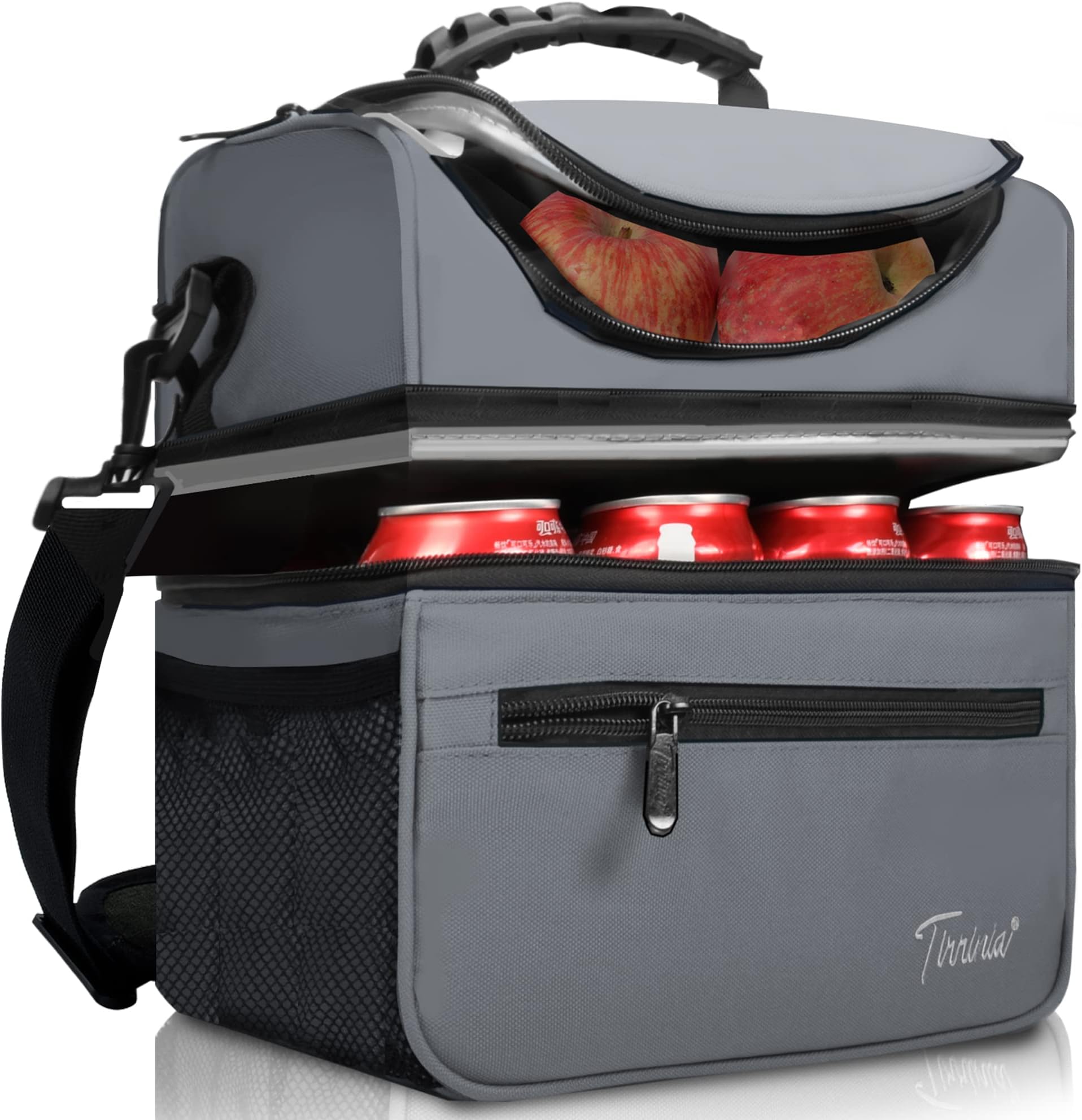 Tirrinia Extra Large Insulated Lunch Bag - 13L/ 22 Can, & Leakproof Adult Reusable Meal Prep Bento Box Cooler Tote for Men & Women with Dual Compartment, Canvas, Light Gray