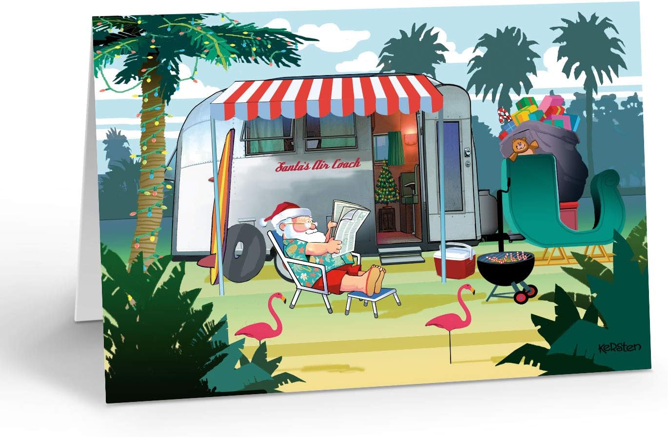 Stonehouse Collection Relaxing in Warm Weather - Santa's Camper - Christmas Card - 24 Custom Cards & Envelopes - USA Made (Personalized)