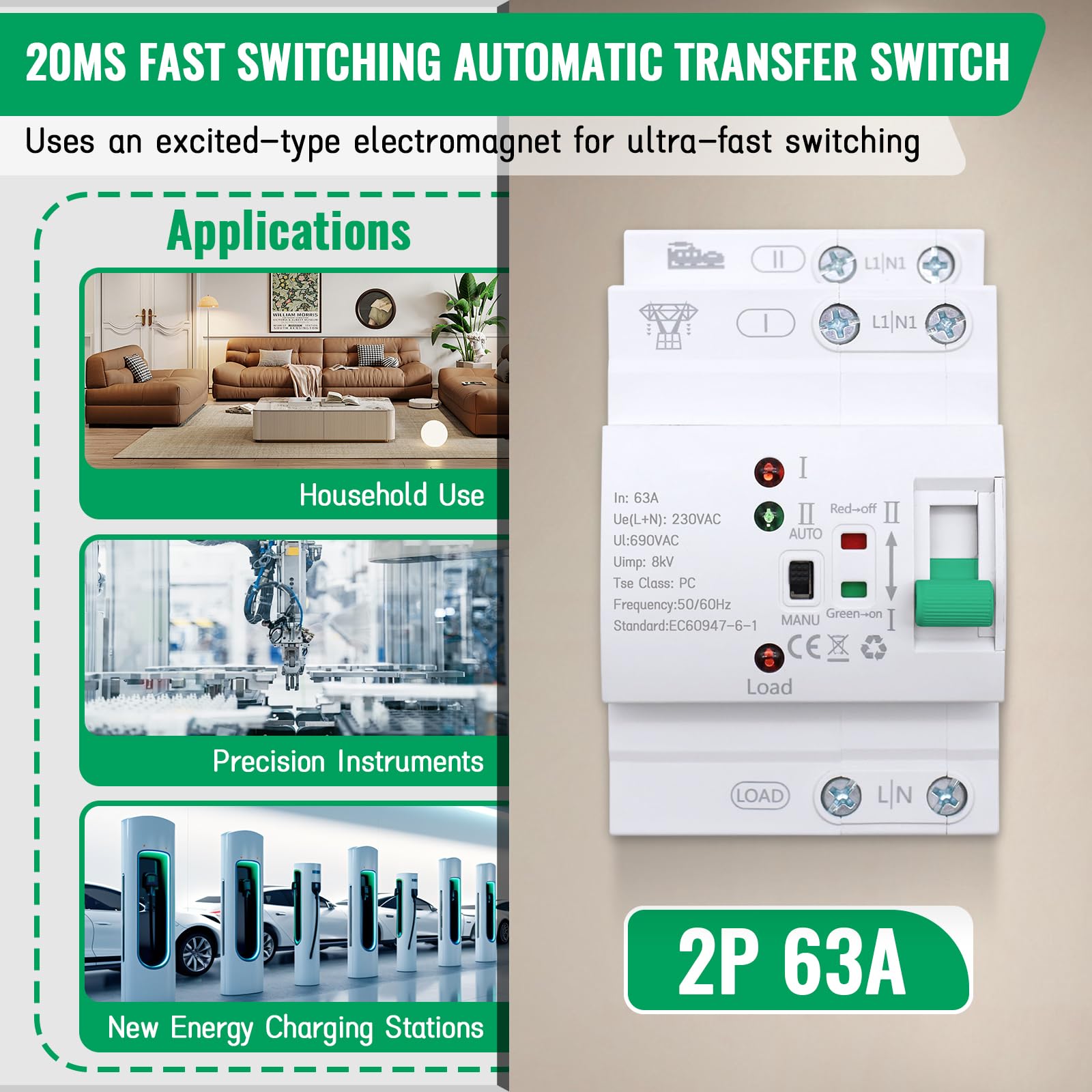 Automatischer Transferschalter, ATS 2P 63A 400V Transferschalter Hutschiene ATS, Dual Power Umschalter Hutschiene, Elektrischer Lastumschalter Für Dreiphasen-Stromversorgung