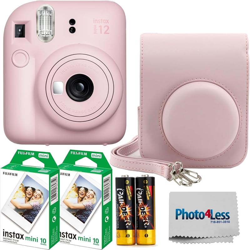 Fujifilm Instax Mini 12 Cámara de película instantánea Blossom Pink, Fujifilm Instax Mini Twin Pack Película instantánea 20 impresiones, Estuche protector, Paquete de regalo
