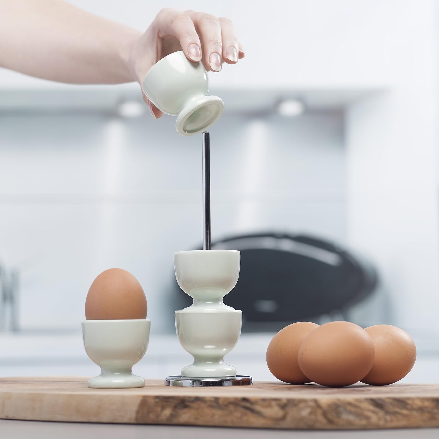 Zeal G277G Stack and Store Egg Cups/Holders, Set of 4 with Chrome Storage and Carry Stand, Melamine, Sage Green