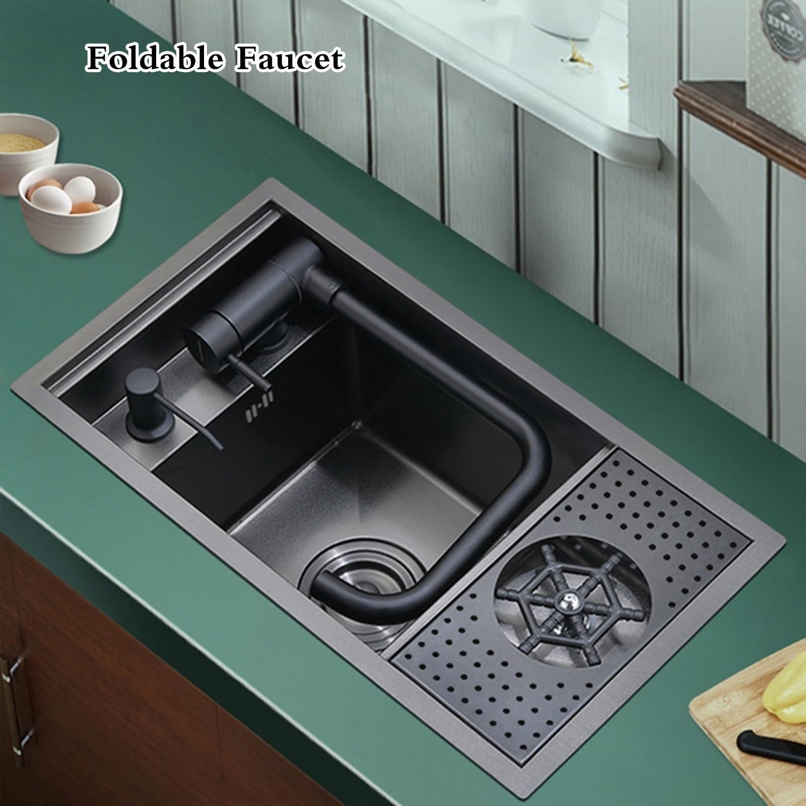 Lavello da Cucina a Incasso in Acciaio Inox con Rubinetto Pieghevole e lavabicchieri – Mini Piano di Copertura per Bar, lavabo salvaspazio per casa e Ufficio, qualità Commerciale (