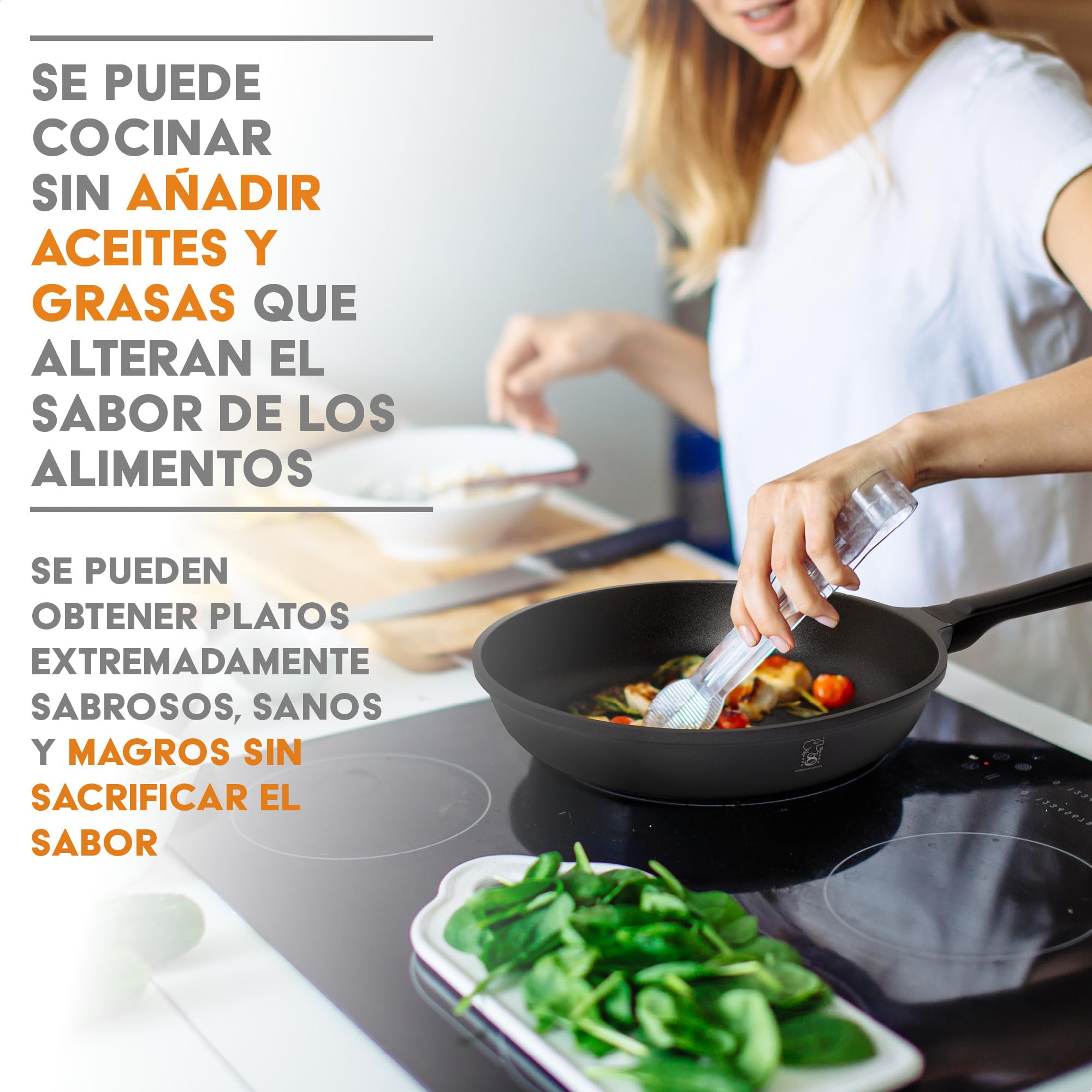 Cazo Cacerola mango ergonómico extraíble Apto Inducción acero & aluminio antiadherente Alemán Greblon C3+ inducción y horno Libre de PFOA + tapa de cristal (24CM)