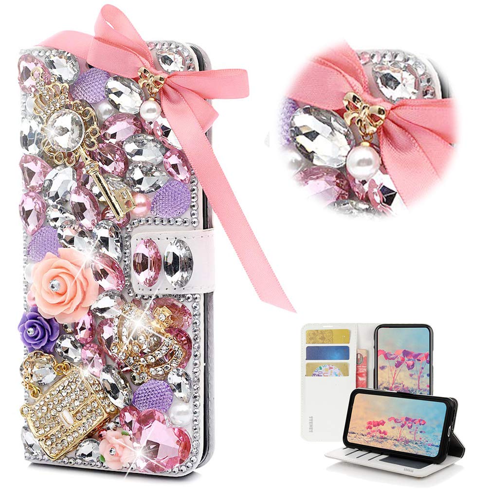 STENES Bling Wallet Case Compatible with Google Pixel 2 - STYLISH - 3D Handmade Crystal Rose Crown Bowknot Flowers Magnetic Wallet Design Leather Cover Case - Pink