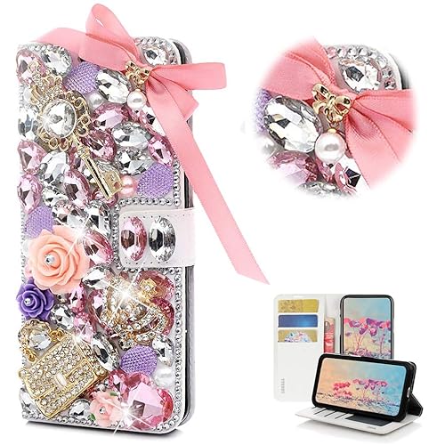 STENES Funda tipo cartera brillante compatible con iPod Touch Elegante 3D hecha a mano con lazo de cristal con lazo para llave de rosa, corona,