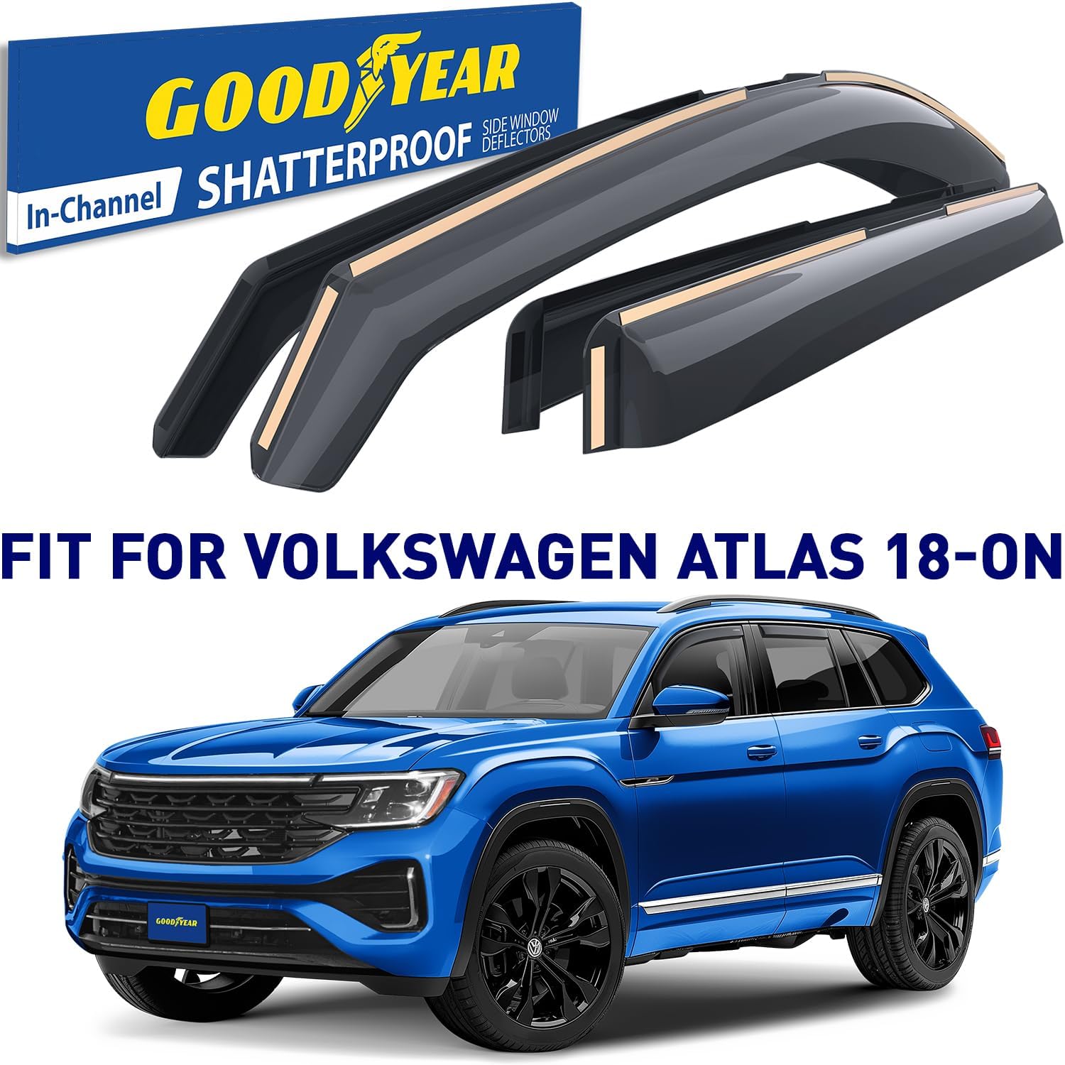 Goodyear Shatterproof in-Channel Window Deflectors for Volkswagen (VW) Atlas 2018-2026, Rain Guards, Window Visors for Cars, Vent Deflector, Car Accessories, 4 pcs - GY007701