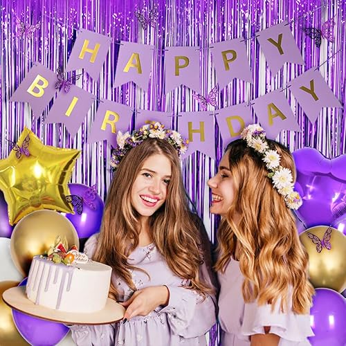 Miniatura 3 de Decoraciones de cumpleaños moradas para mujer con pancarta de feliz cumpleaños, cortinas, mariposa, globos de estrella de corazón y luz LED para