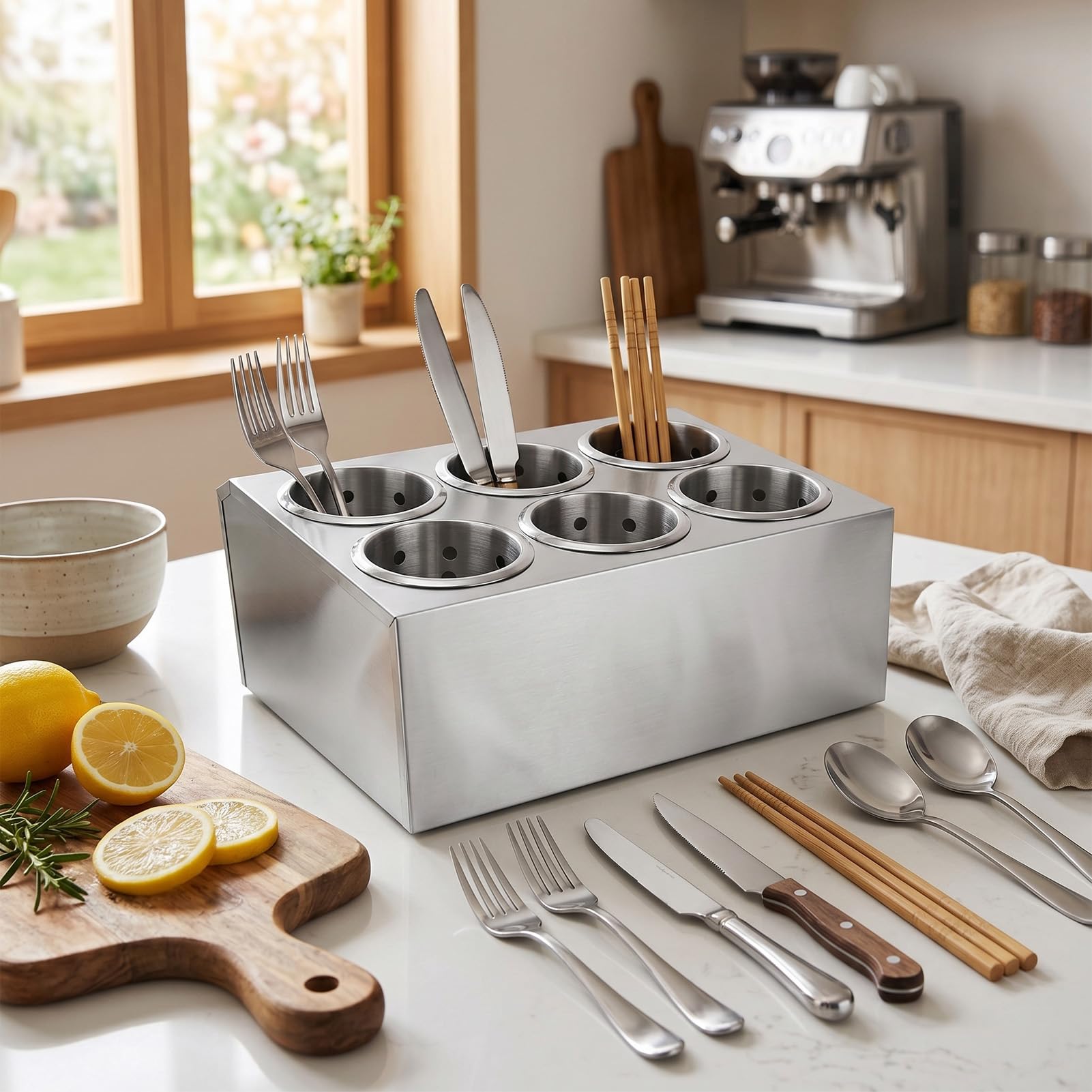 TOPINCN Soporte para Cubiertos de Acero Inoxidable con 6 Compartimentos, Organizador Perforado para Cubiertos, Cesta de Almacenamiento para para Cocina, Encimera, Restaurante,