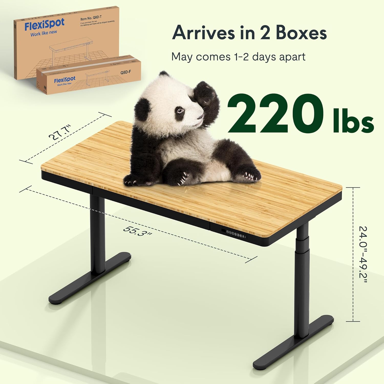 Diagram showing desk dimensions, 220 lbs capacity, and two shipping boxes