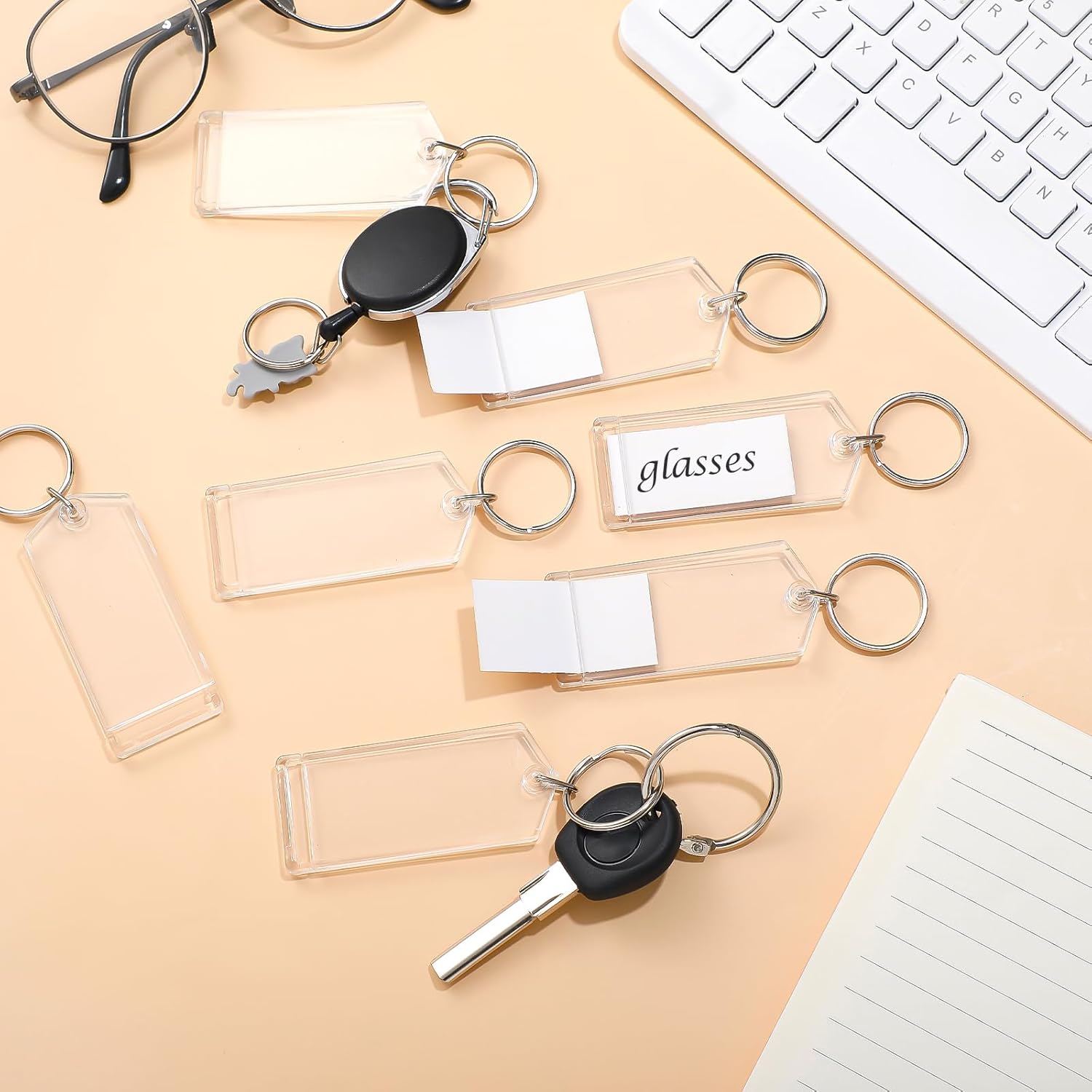 Huquary 3 Inch Plastic Key Tags Clear Slip Slot Photo Key Tag with Split Ring Chain Bulk for ID Luggage Office Pet DIY Favor