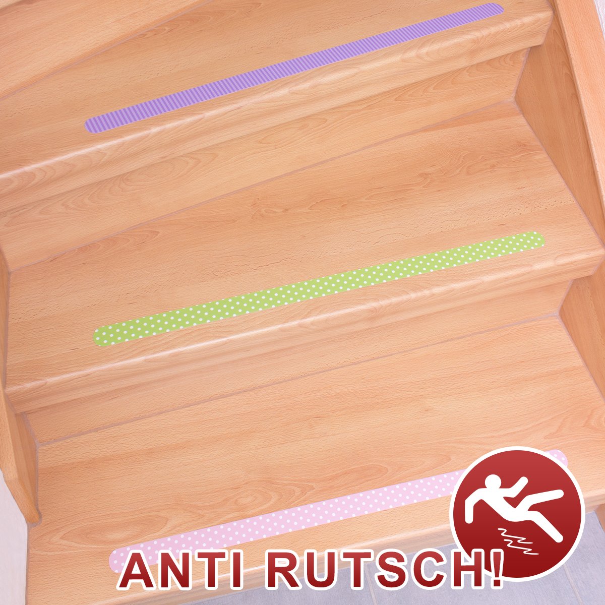 Anti-Rutsch-Streifen für Treppenstufen / 65 x 3 cm / 12 Stück/bunt gemustert/selbstklebend