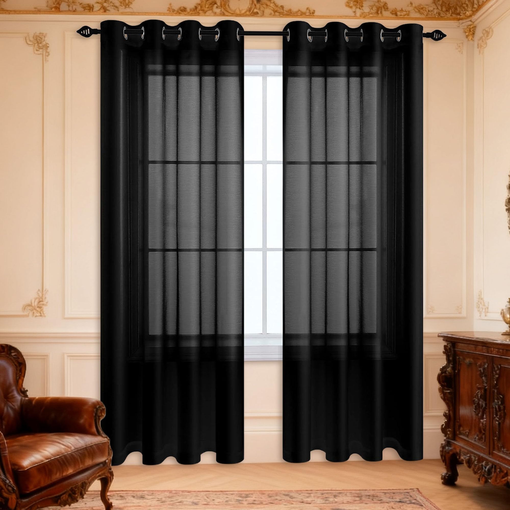 Voilage 305x275 rideau fenêtre court oeillets lumière salon noir