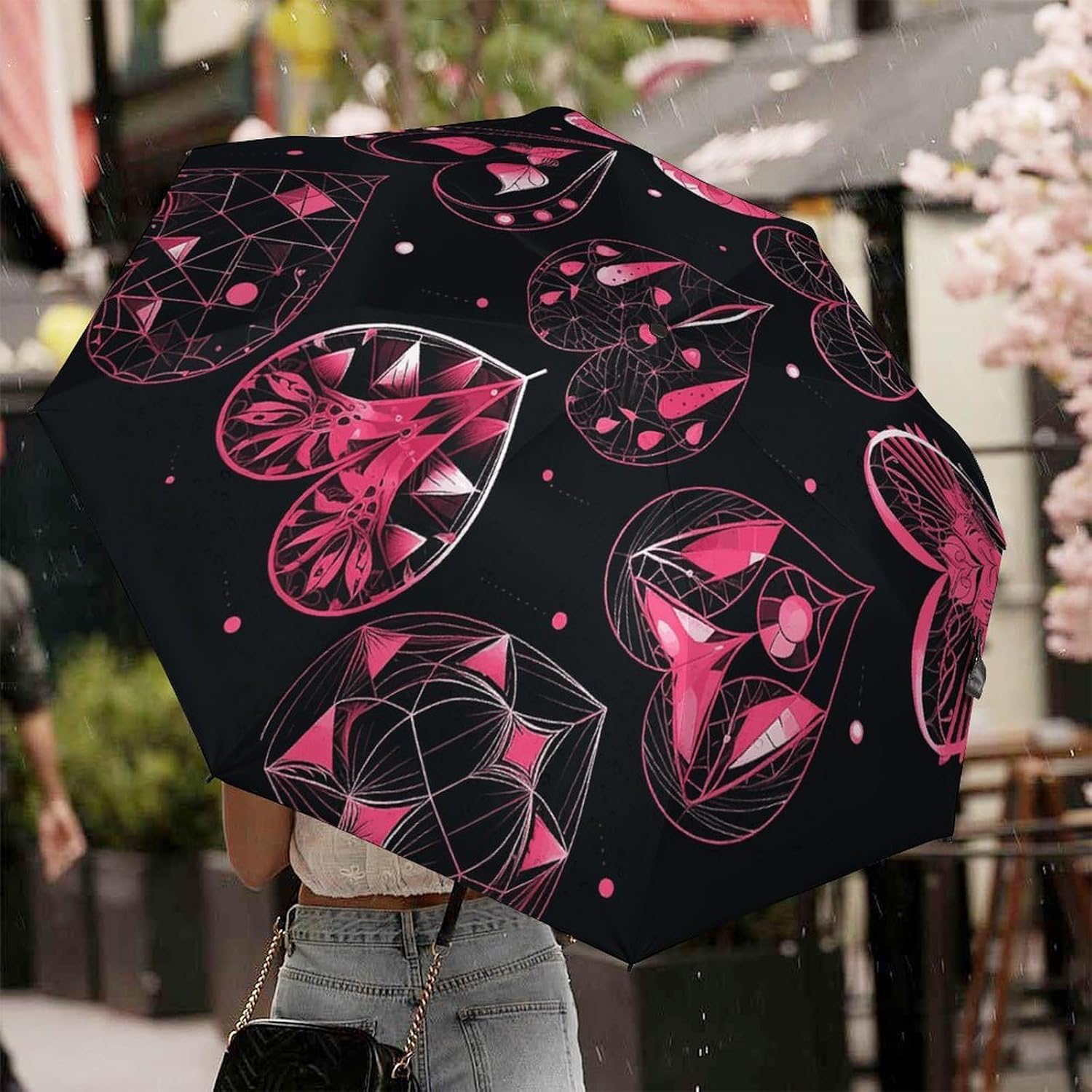 Different Designs of Heart Automatic Golf Umbrella Folding Umbrella | Windproof Travel Umbrella Portable Compact Umbrella with Storage Pouch for Golf Backpack Men Women