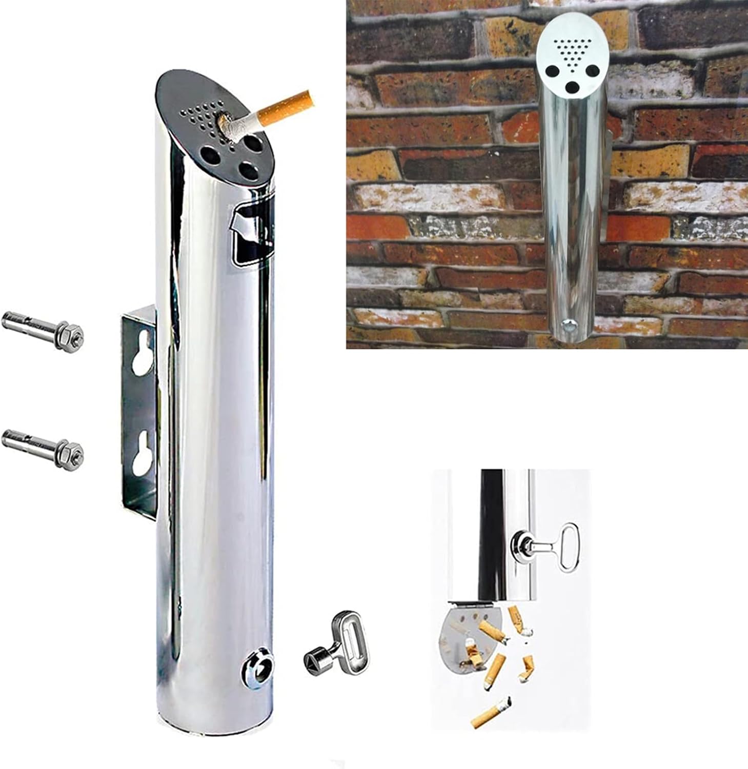 Wall Mounted Ash Tray, Stainless Steel Lockable Ash Tray, Fireproof, Prevention of Waterlogging Corrosion Resistant Smokeless Cigarette Ashtray Outdoor Wall Mount