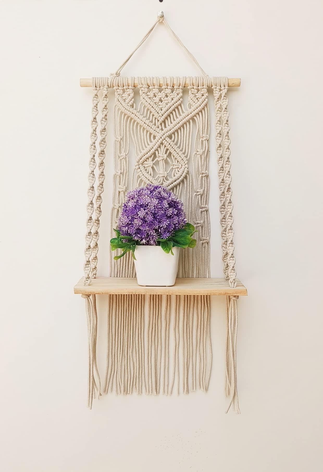 ACN Kohinoor | Macrame Wall Hanging Decor Shelf, Handmade Cotton Wooden Floating Shelve Organizer, Boho Wall Art for Home, Bedroom, Living Room, Party Decoration 12 X 5 X 24 Inches, 1-Piece