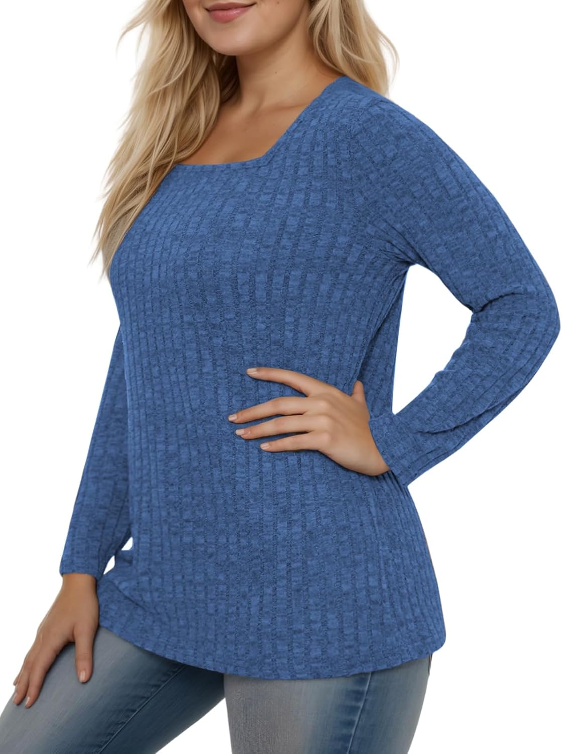 ROSRISS Womens-Plus-Size-Tops Casual Square Neck Sweaters Trendy Long Sleeve Shirts Lightweight Knit Pullover Blouses XL-5XL - Image 2