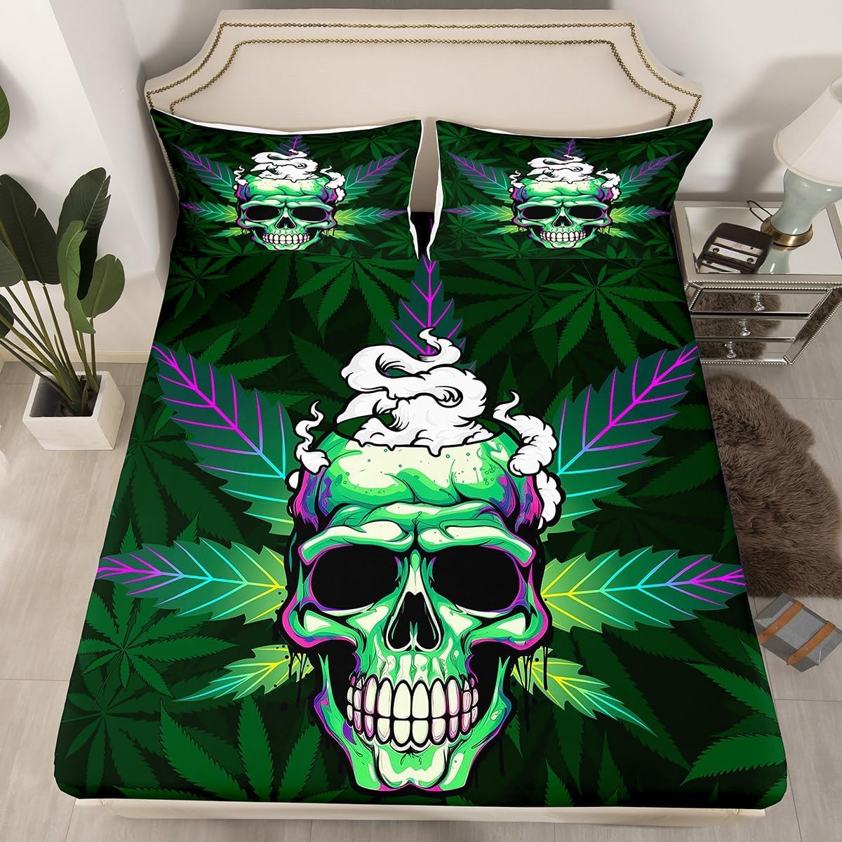 Erosebridal Leaves Bed Sheets Set Green,Sugar Skull Sheet Set for Men Adult Bedroom,Leaves Bedding Set,Halloween Decoration Flat Fitted Sheet 4 Pieces with Pocket,Full Size