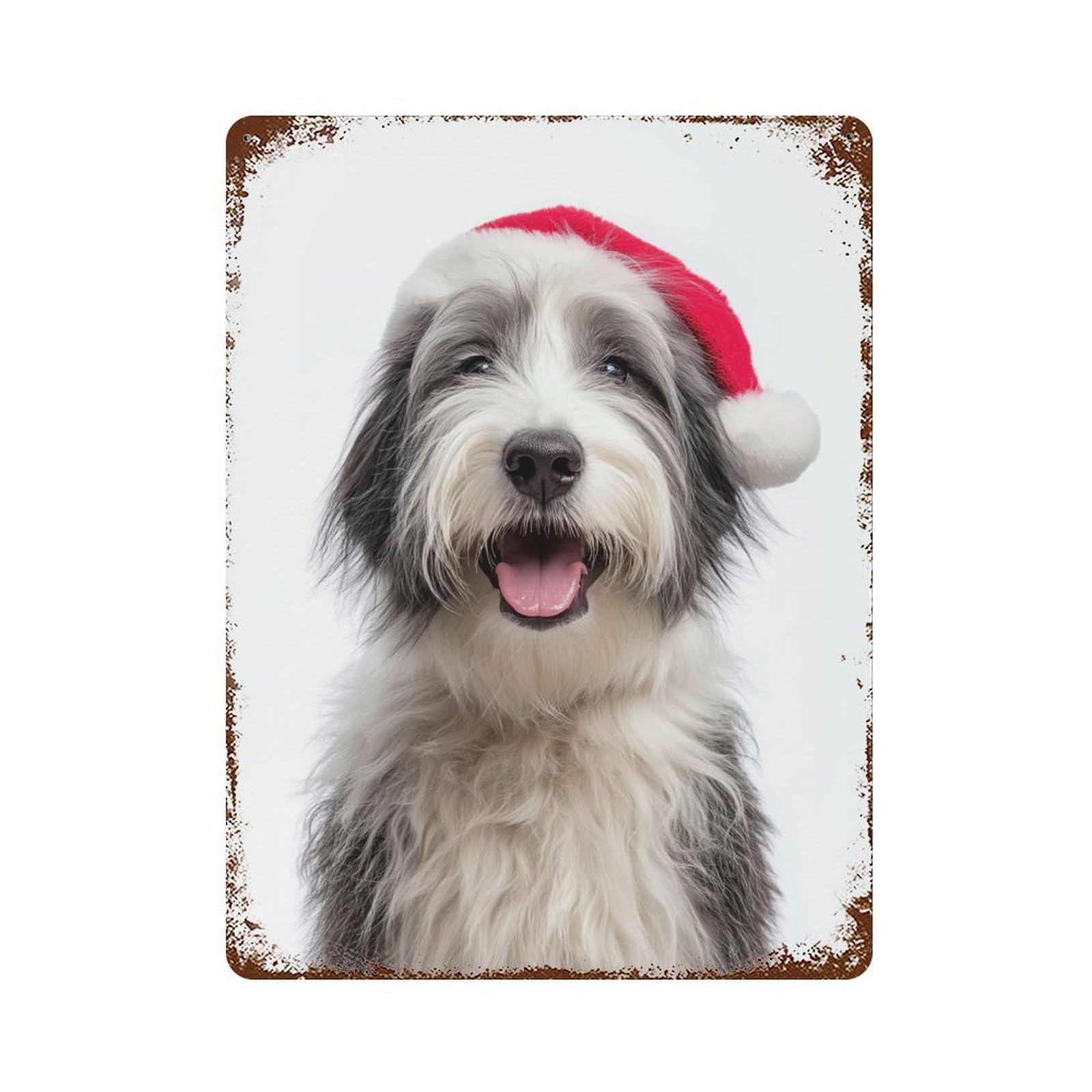 Rust Effect Polish Lowland Sheepdog with Santa Hat Distressed Metal Wall Sign 15.7"x11.8", Decorative Metal Wall Art for Living Room, Hallway And Home Decor