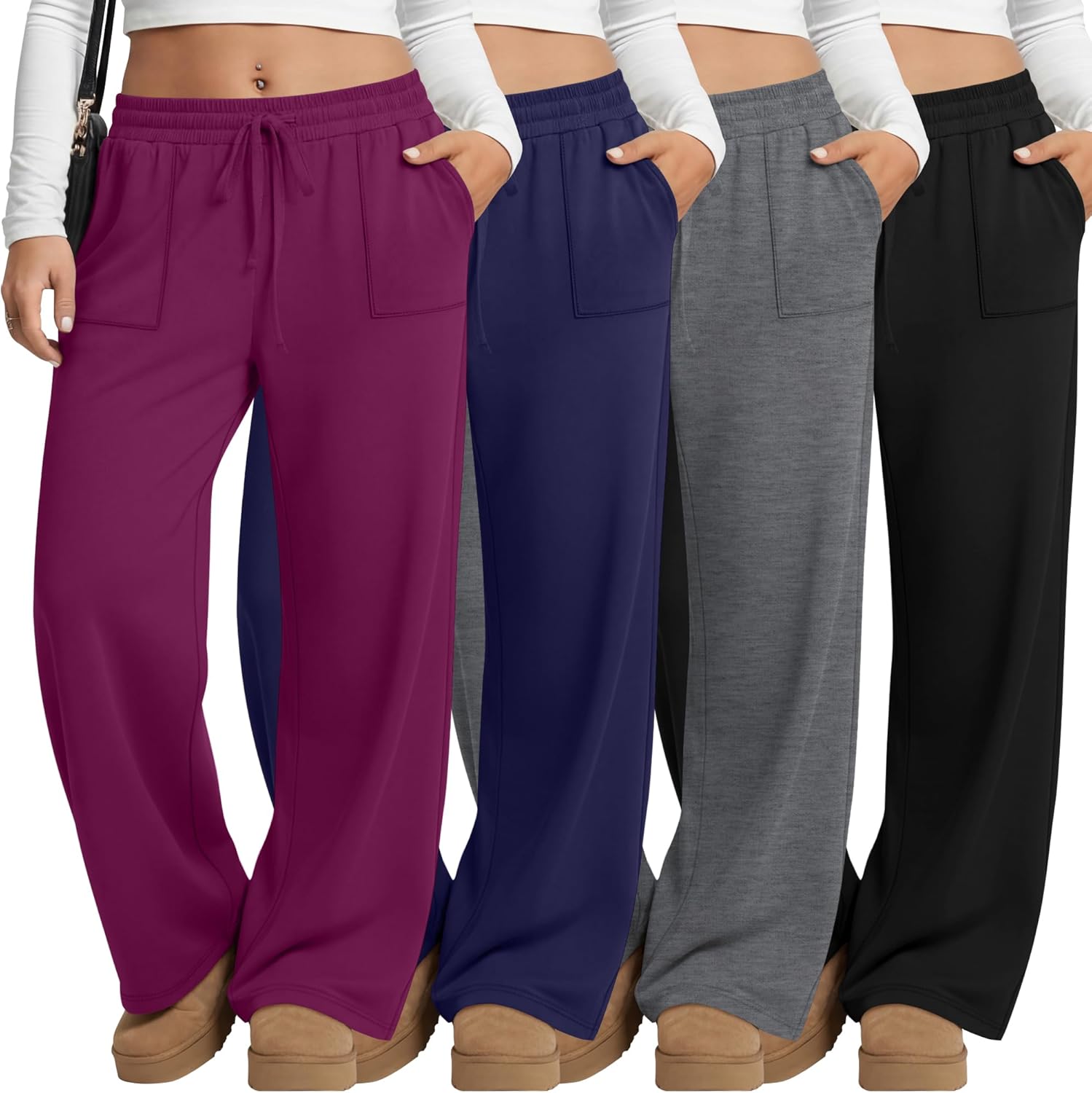 4 Pack Women Plus Size Pants Drawstring Yoga Pants with Pockets Baggy Wide Leg Sweatpants Lounge Palazzo Trousers