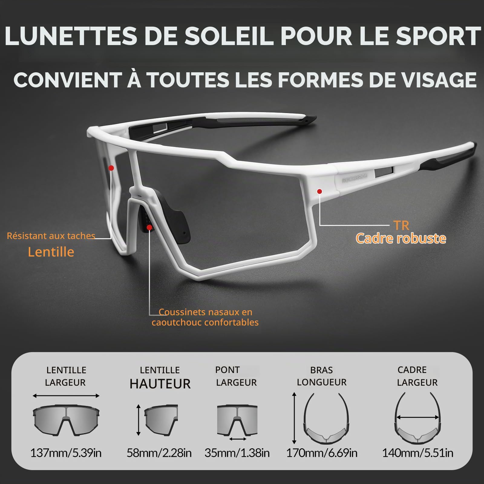 ROCKBROS Lunette de Cyclisme Polarisées Homme Femme, Lunette VTT Vélo Protection UV400 TR90, Lunette de Sport pour VTT Course Golf Pêche Randonnée Conduite Sport Plein Air Noir