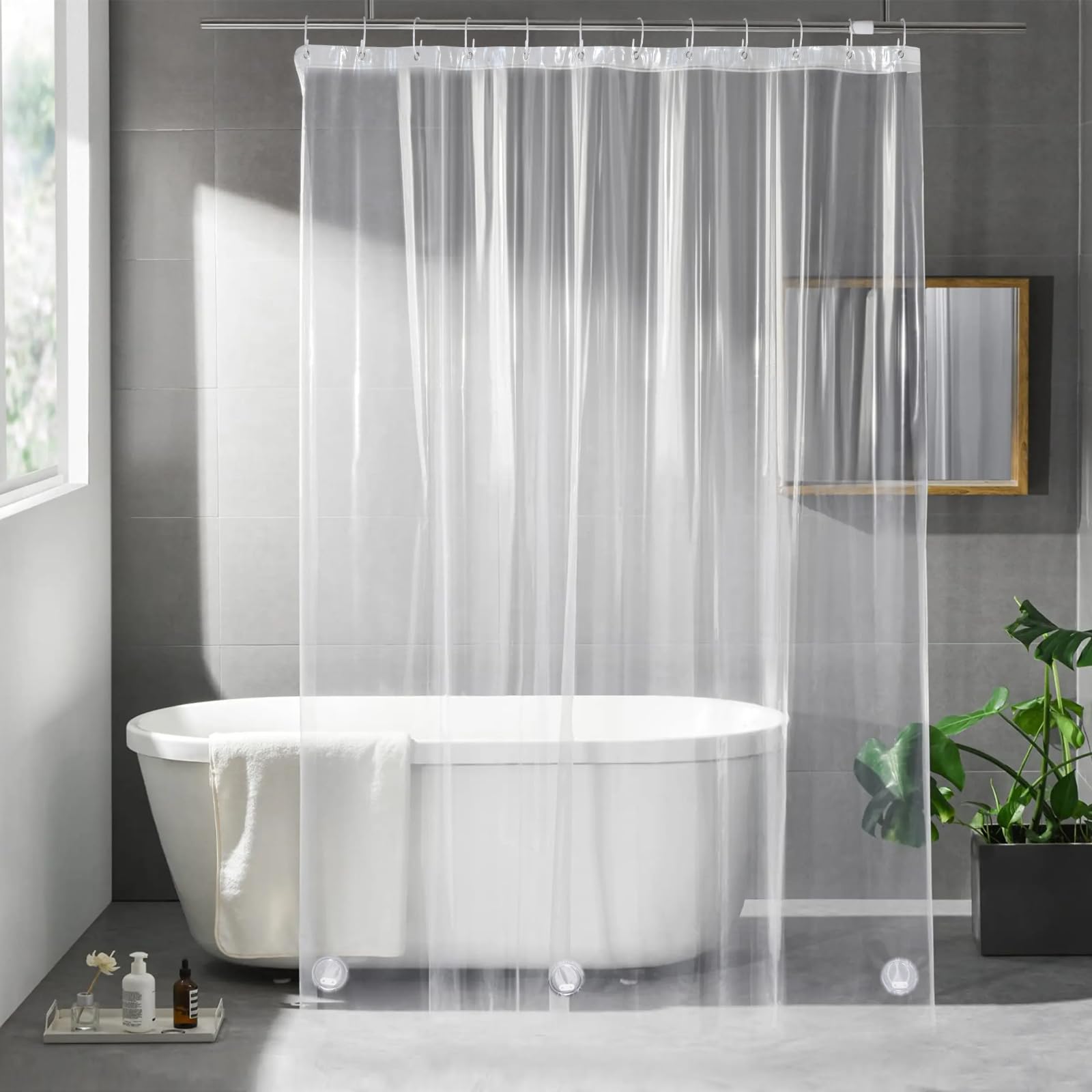 OTraki Cortina de Ducha Transparente, Espesor 0,08 mm, 183x183 cm, con 3 Imanes + 12 Ganchos, Cortina de Ducha de Plástico PEVA, Cortina de Baño Antimoho Impermeable para Baño