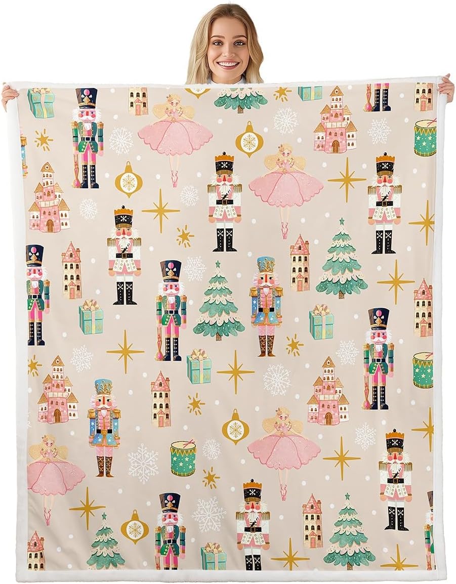 Erosebridal Beige Christmas Throw Blanket,Princess Nutcracker Twin Blanket,Xmas Tree Snow Fleece Blanket for Kids Boys Girls,Starry Sky Christmas Decoration Sherpa Blanket