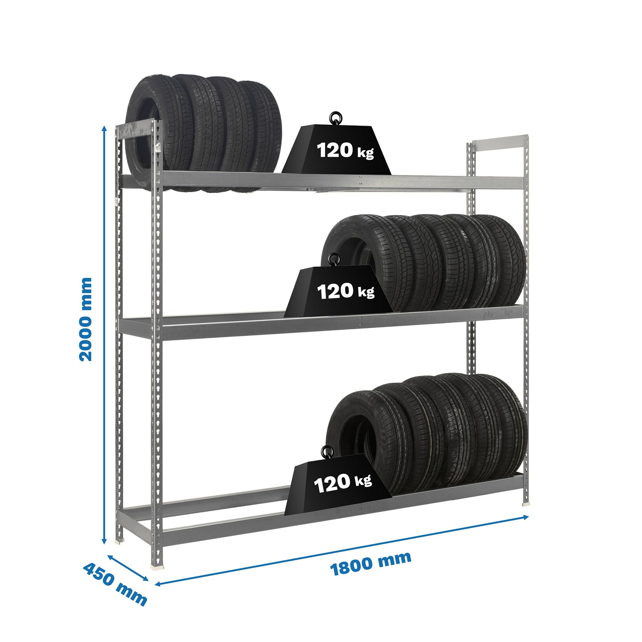 Simon Rack Estantería para Neumáticos, Soporte Neumáticos, 3 Niveles, Alta Capacidad Carga 120 kg, 2000x1800x450 mm, Estantería para 18 neumáticos, Galvanizado - Simonauto