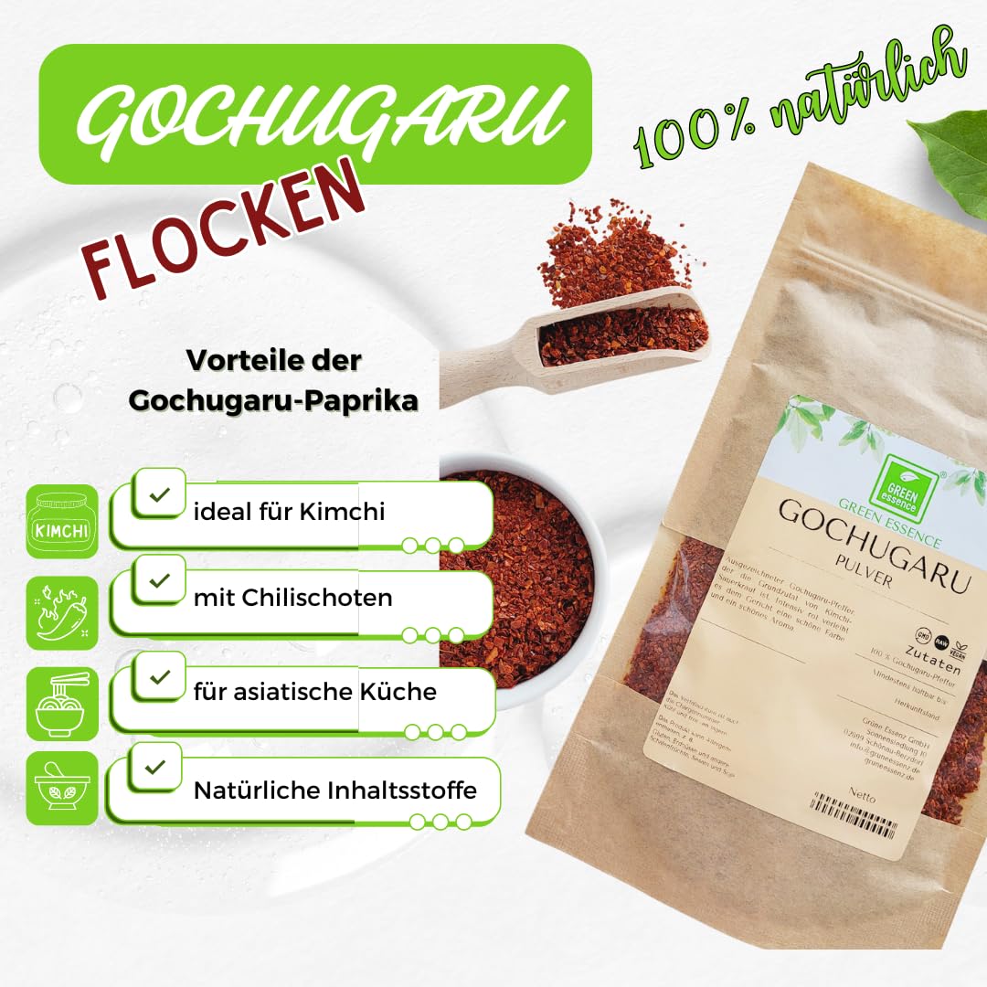 Gochugaru Poudre 500 g de Green Essence – Épices pour Kimchi – Flocons de piment Gochugaru – Flocons de piment Gochugaru (500 g)
