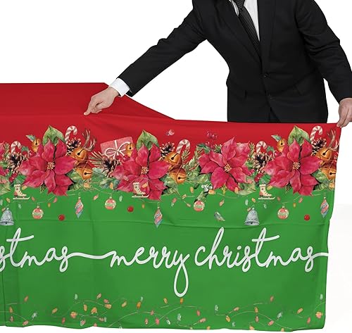 Miniatura 6 de Gatherfun Suministros para fiestas de Navidad, mantel desechable de flores de Pascua de Navidad, mantel rectangular de plástico impermeable para