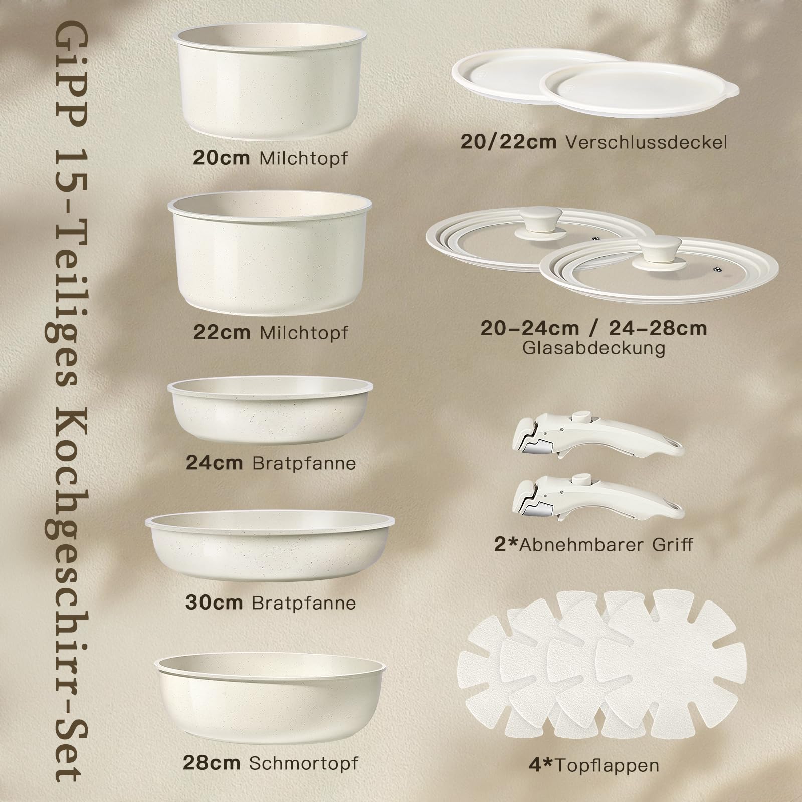 GiPP Juego de utensilios de cocina de granito, juego de 15 piezas con sartenes grandes, juego de utensilios de cocina antiadherentes, con asas extraíbles, apto para todo tipo de cocinas, apto para