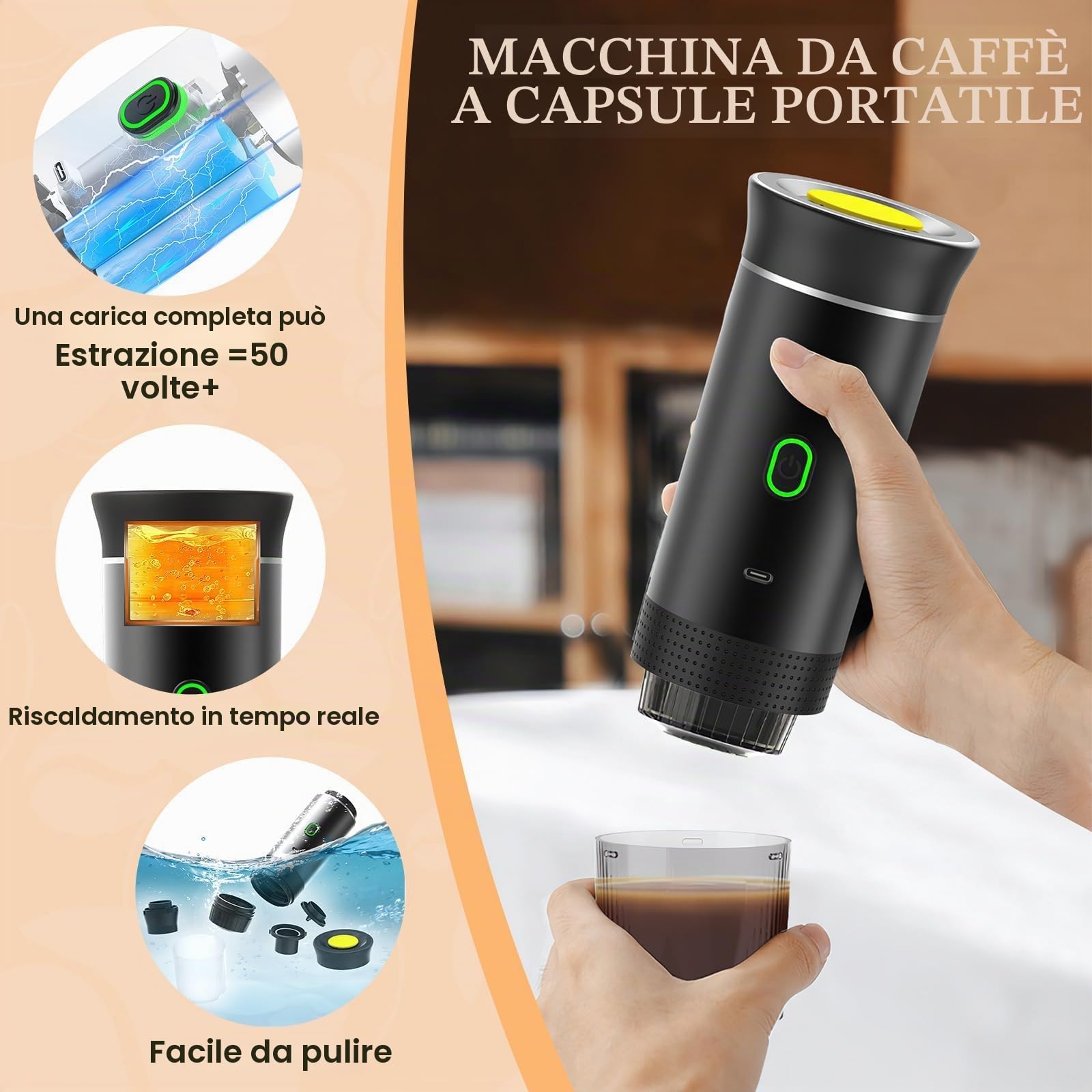 Macchina da Caffè 3 in 1, 4-6 Minuti di Auto-Riscaldamento, per Espresso, Piccole Capsule, Grandi Capsule, Caffè Macinato, Portatile per Ufficio, Casa, Auto, Bianco