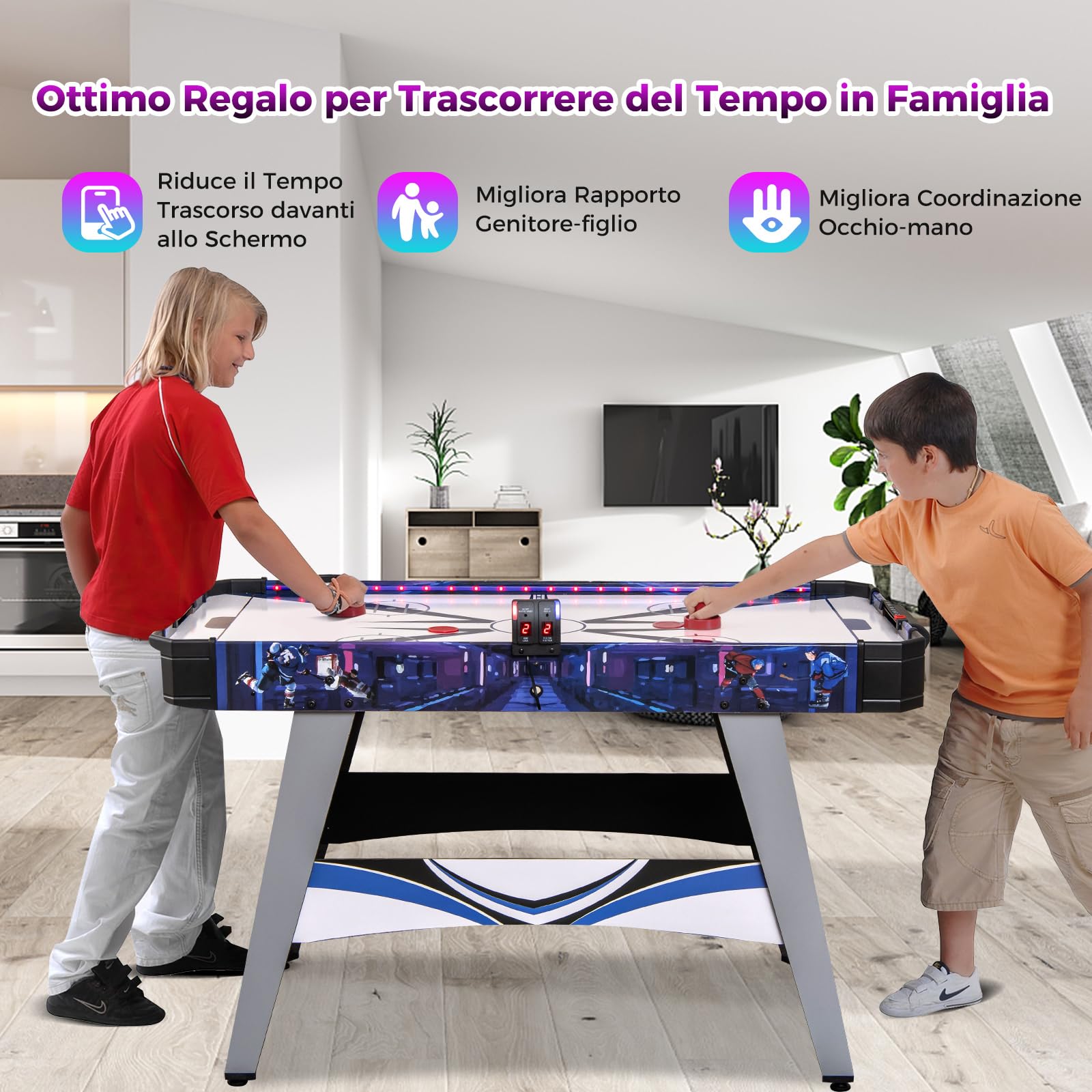 COSTWAY Air Hockey da Tavolo con 2 Spintori e Dischi, Piedini Regolabili, Tavolo da Hockey Alimentato con 12V Motore e Tabellone Segnapunti LED, Tavolo Hockey da Interno 137 x 65 x 86 cm