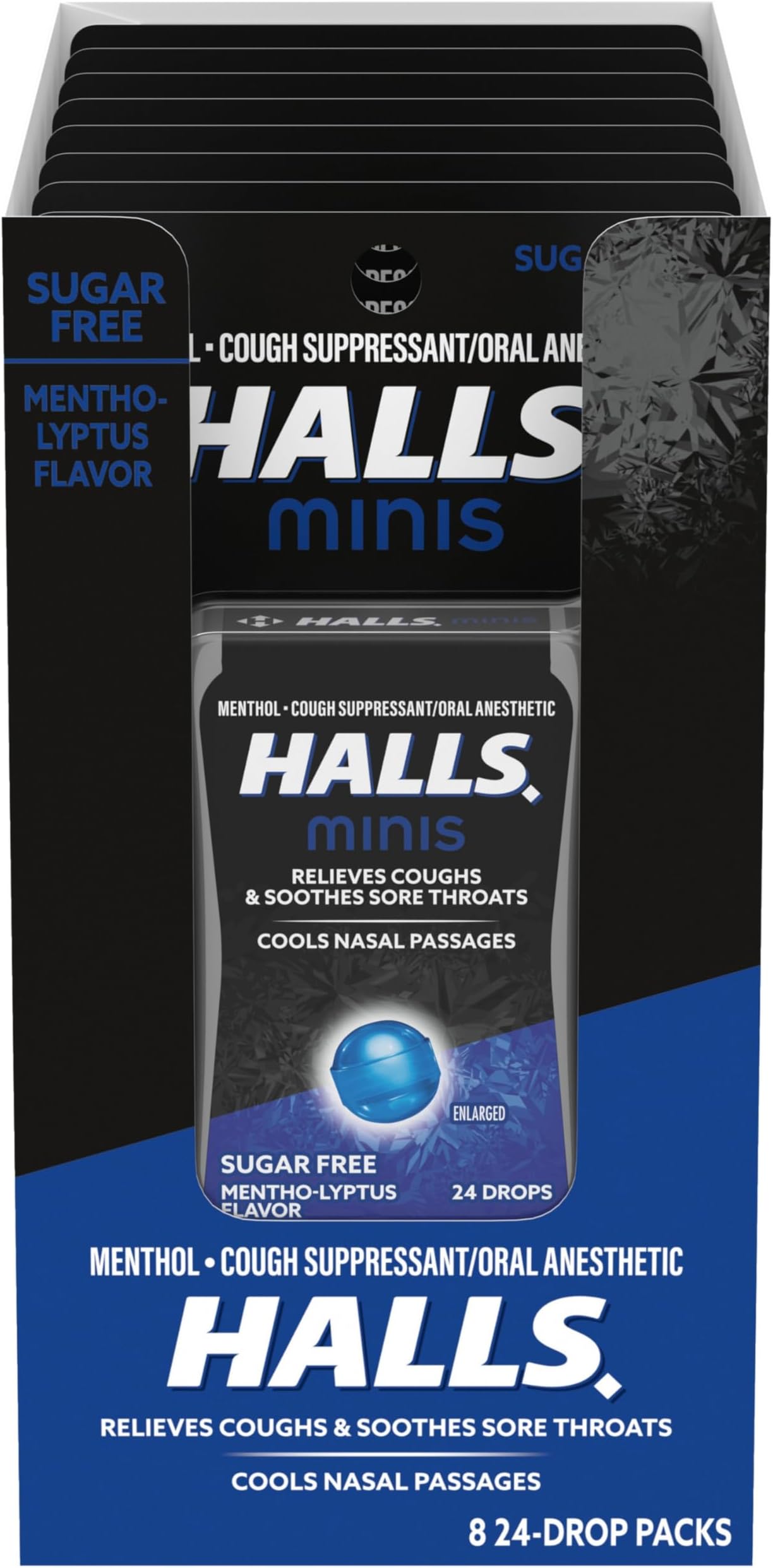 HALLS Minis Mentho-Lyptus Flavor Sugar Free Cough Drops, 8 Packs of 24 Drops (192 Drops Total)