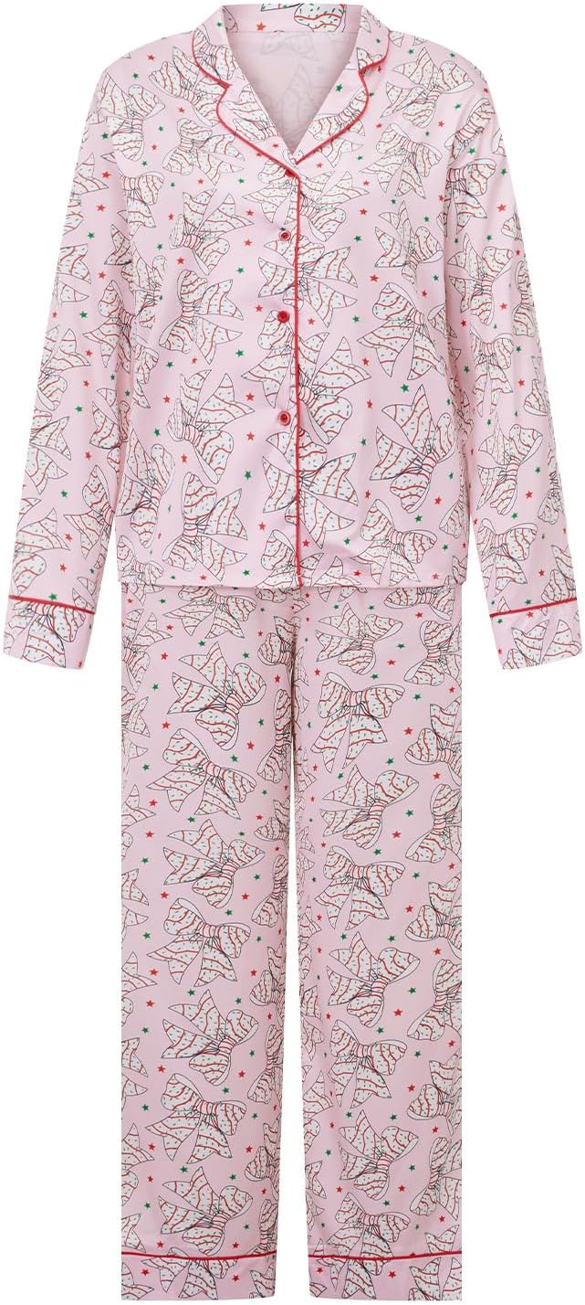 Meiweileya Womens Satin Christmas Pajama Set Silk Tree Cake Button down Shirt Pants 2 Piece Holiday Sets Cute Pj Friends Pjs