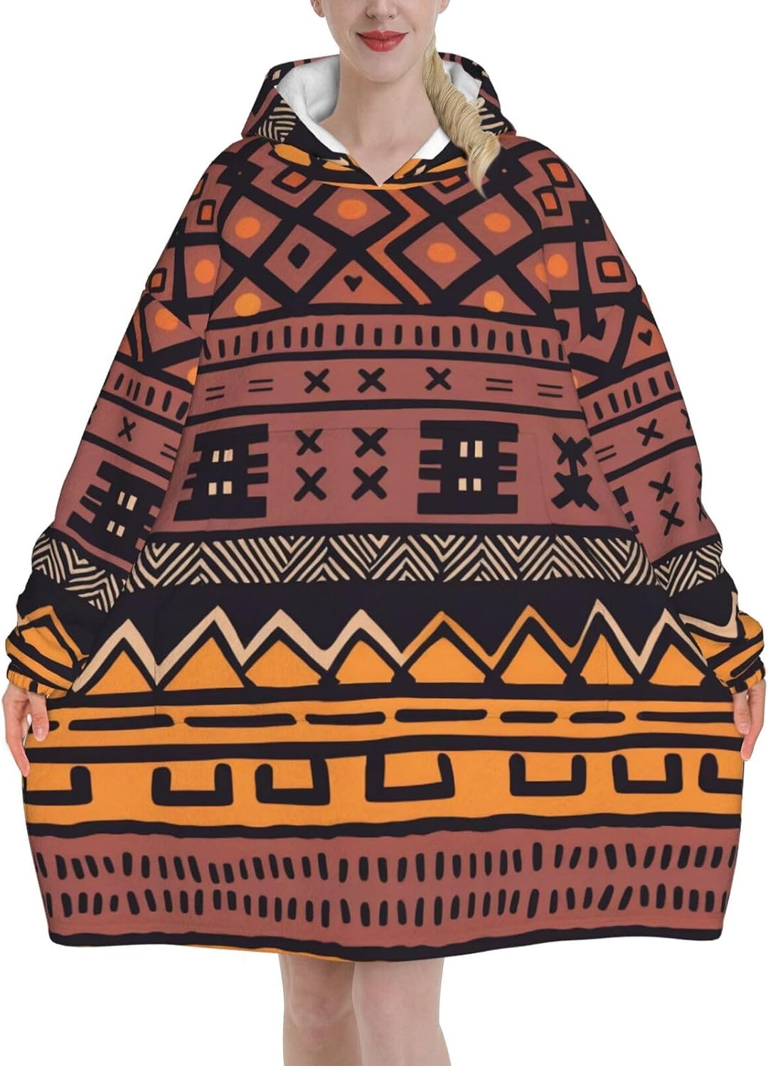 African Mud Cloth Tribal Pattern Print Blanket Hoodie Fleece Sweatshirt Blanket With Sleeves And Pockets