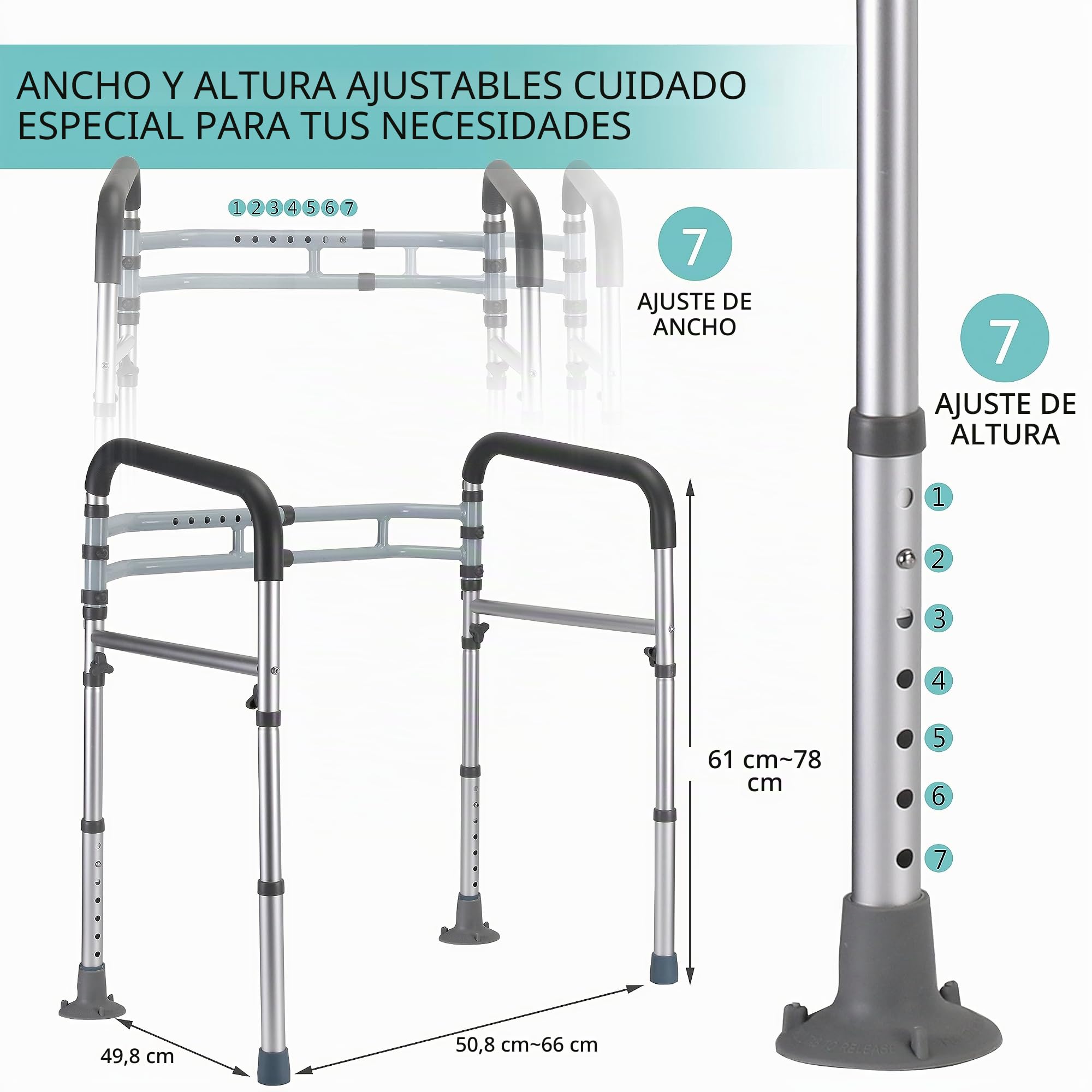 Rieles de seguridad para inodoros Lianjindun, barras de apoyo para personas mayores y discapacitadas, con asas de espuma gris, ajustables en altura y ancho, de aluminio plateado