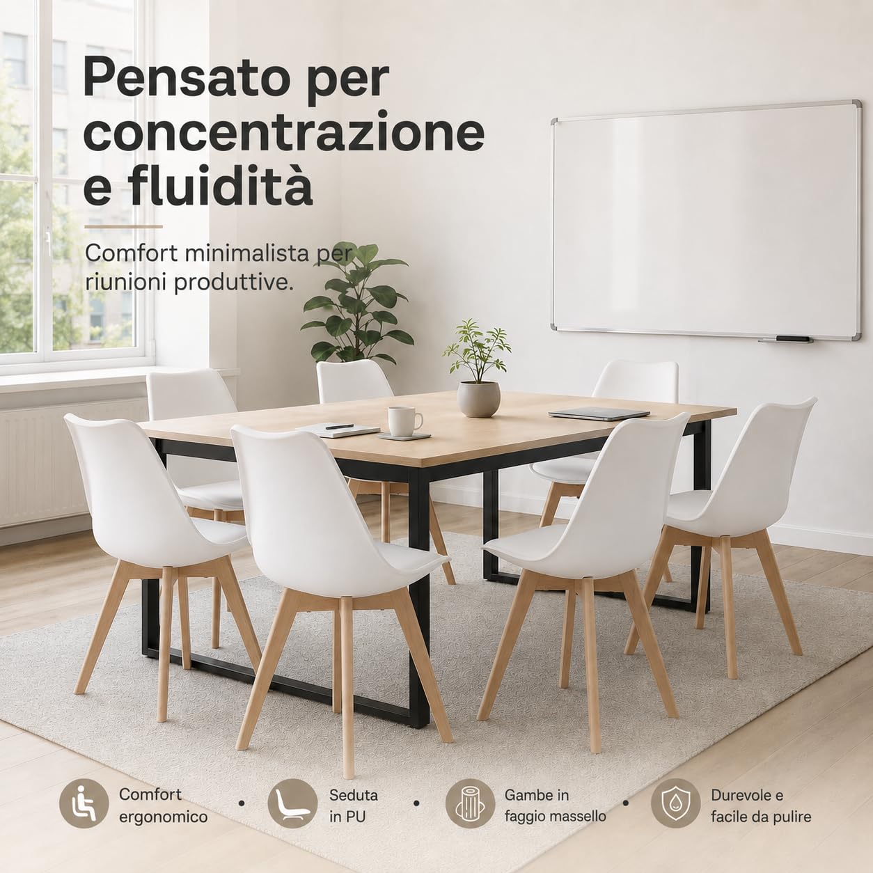 EGGREE Set di 4 Pranzo Ufficio Sedia con Gambe in Faggio Massiccio Sedie Senza Braccia Imbottita di Design per il Massimo Comfort Bianco