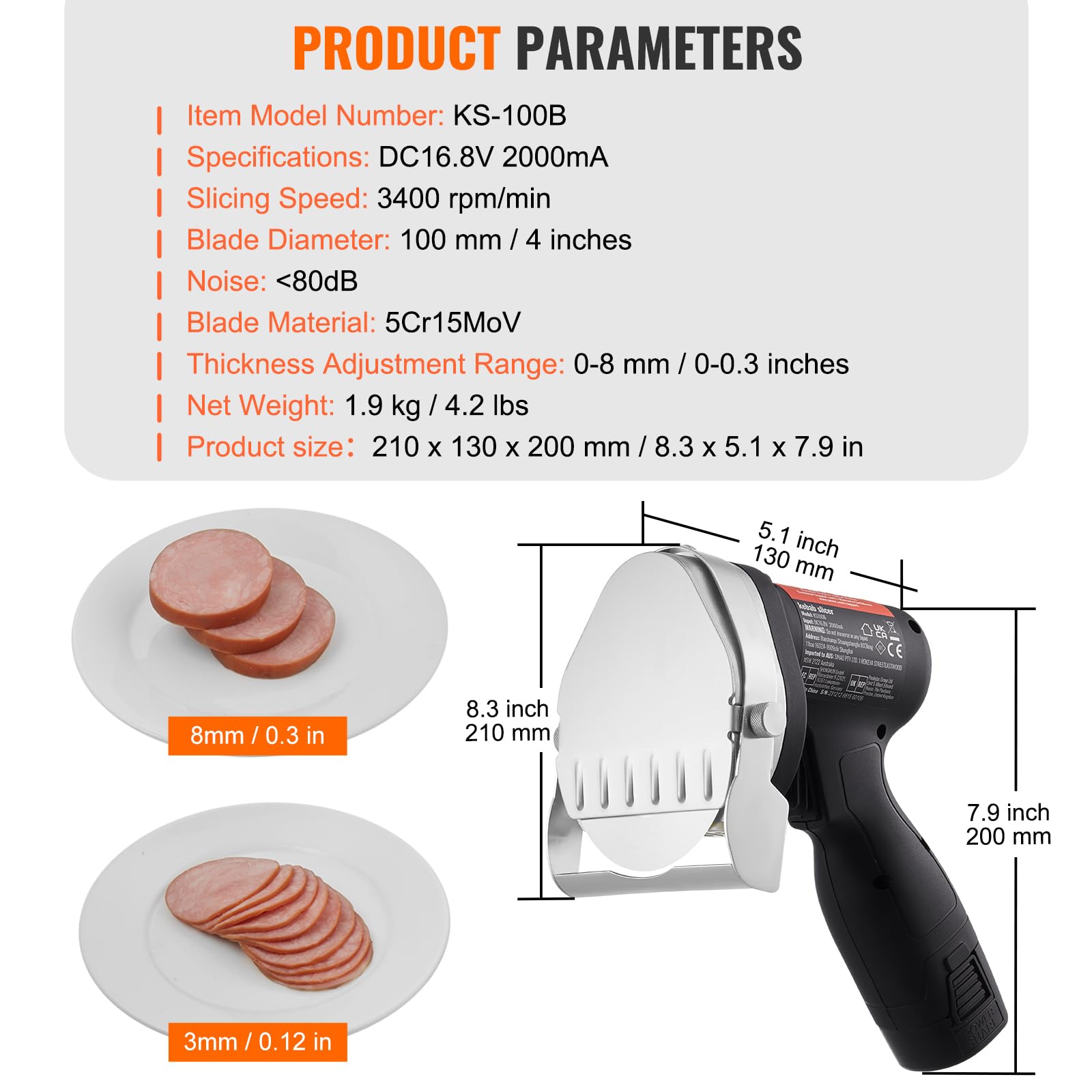 VEVOR Cuchillo Kebab Eléctrico Inalámbrico 80 W, Cortadora de Carne Shawarma Kebab Turca Comercial de Acero Inoxidable, con 2 Cuchillas de 100 mm, Espesor Ajustable 0-8 mm, para Restaurantes, Bares