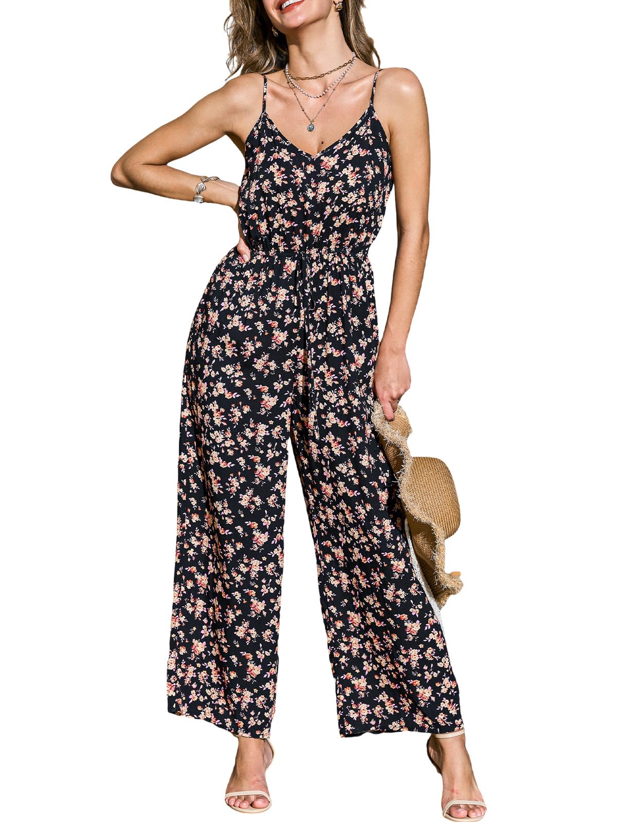 CUPSHE Combinaison d'été pour femme - Motif floral - Bretelles spaghetti - Sans manches - Jambes larges - Ceinture enveloppante - Élégante combinaison de loisirs