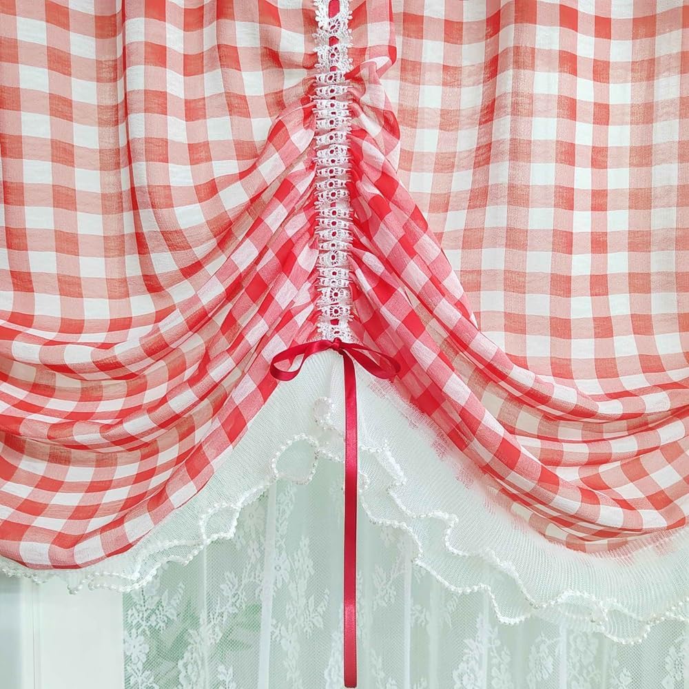 French Country Buffalo Check Balloon Curtain, Red and White Gingham Pattern, Rod Pocket Design, Tie-Up Roman Shade for Kitchen, Cafe Small Window 1 Panel (W57xH31 inch)