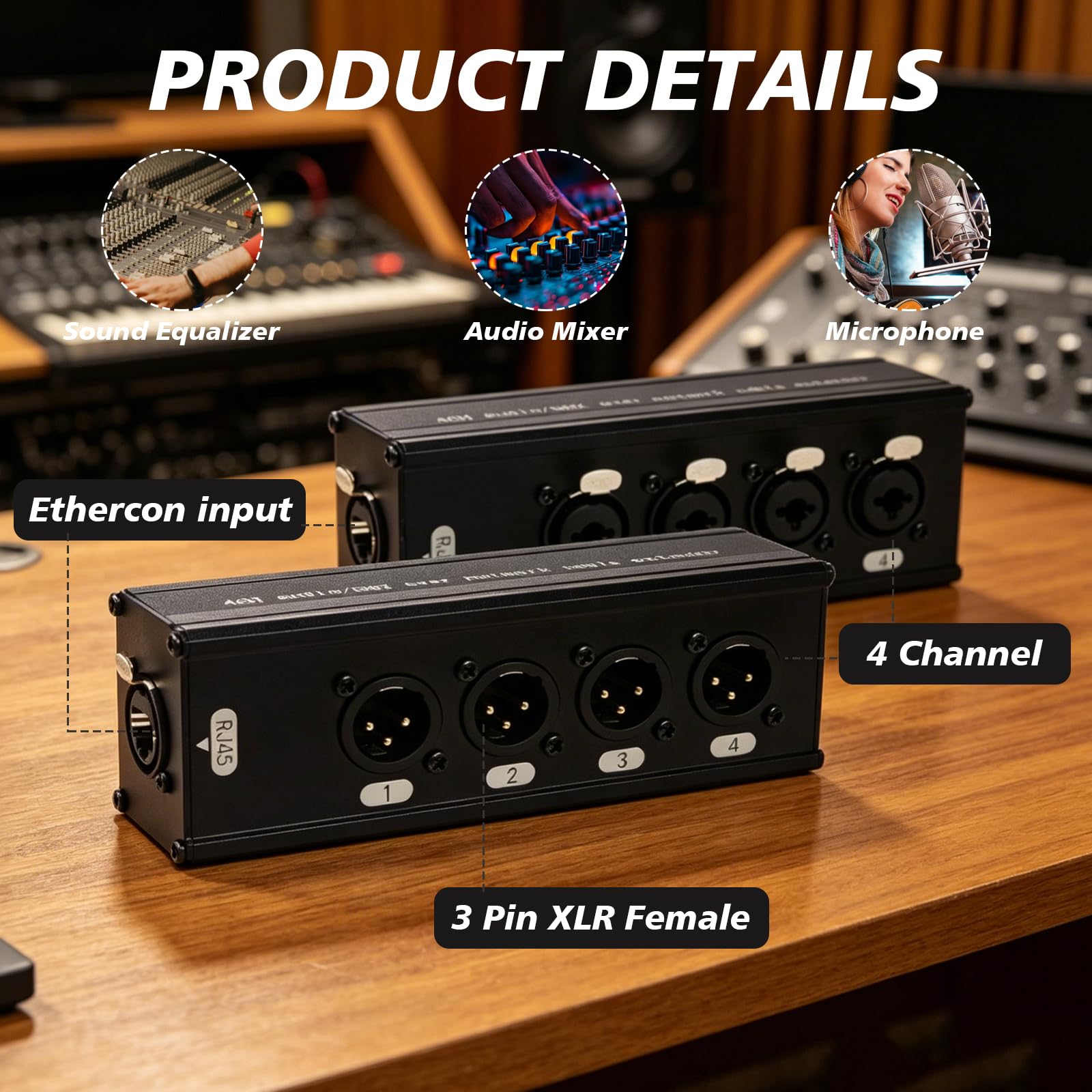 1 Par de Extensor DMX XLR a Ethernet de 4 canales, Adaptador XLR de 3 pines y Ethercon, Ethercon RJ45 Cat5/Cat6/Cat7 Ethernet para escenario en vivo, sonido (macho +hembra)
