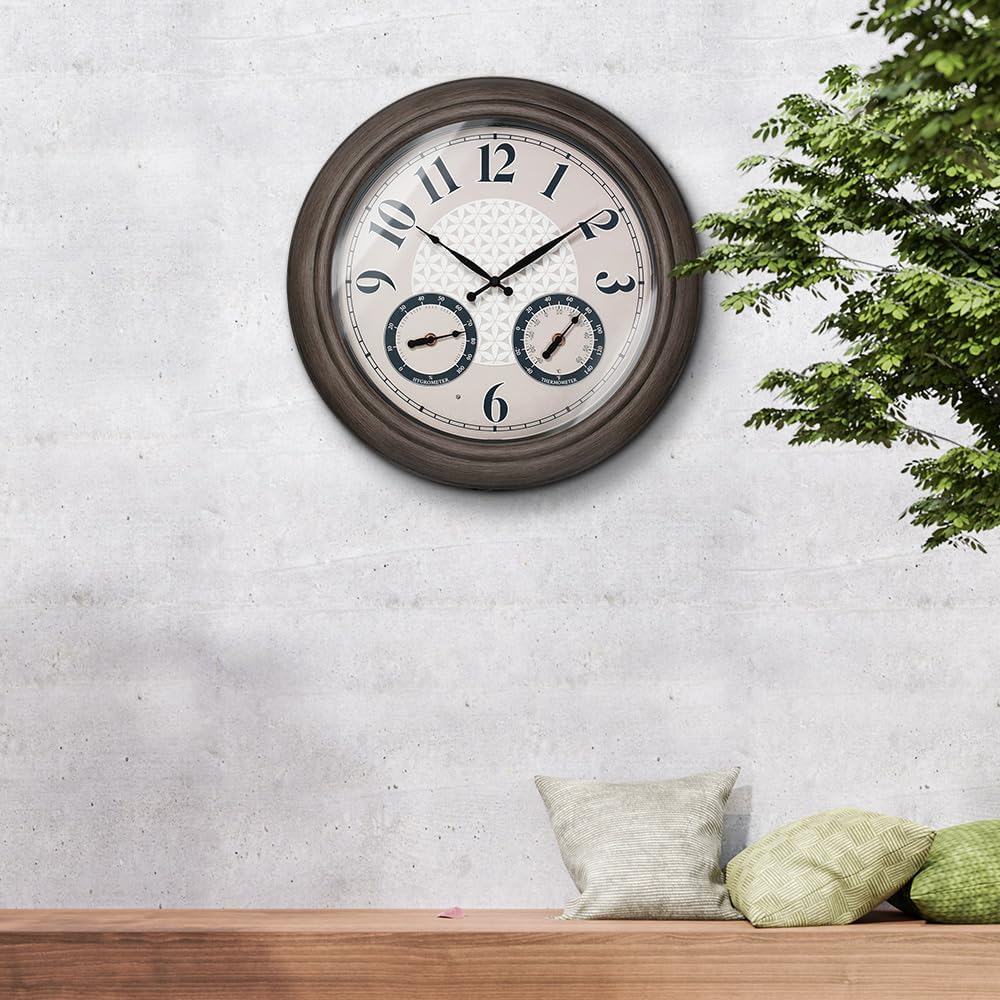 Presentime & Co. 18 Inch Illuminated Outdoor Clock, Waterproof Lighted Large Wall Clock with Thermometer & Hygrometer, Elegant & Vintage Home Decor for Garden, Patio, Pool, Grey Oak Finish