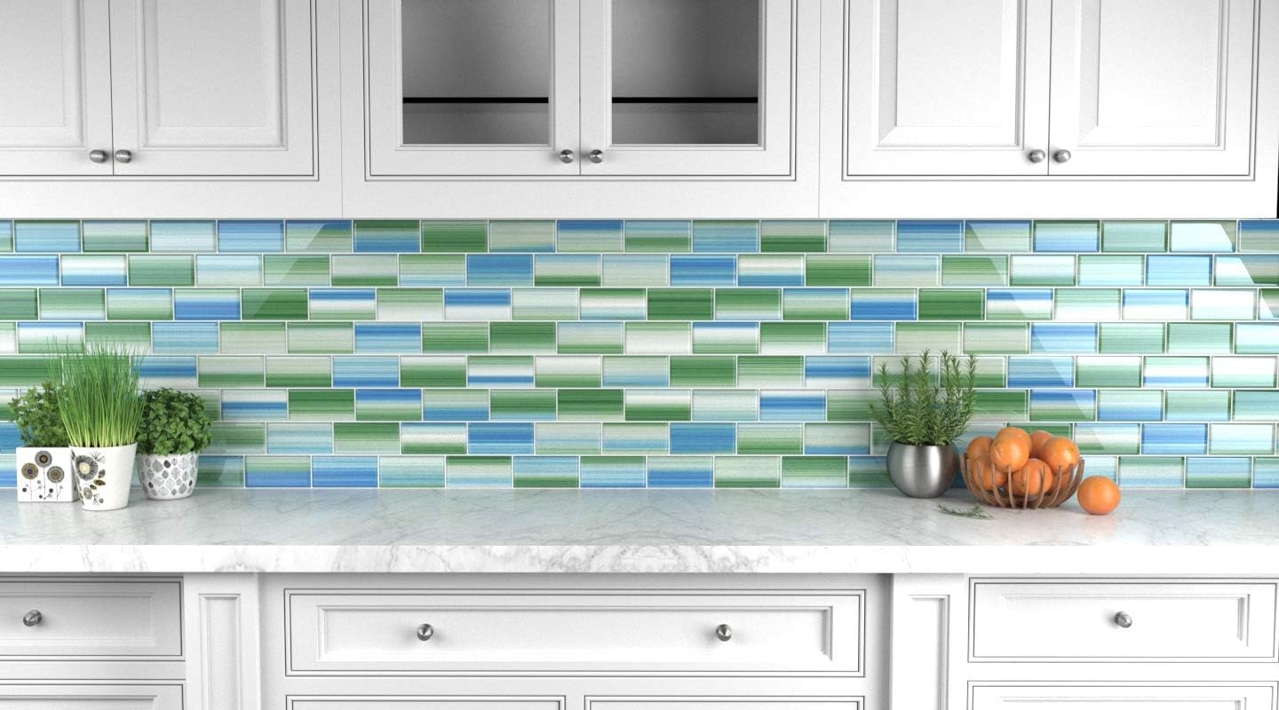 Green and Blue "Tidal" Glass Subway Tile for Kitchen Backsplash or Bathroom, 3x6