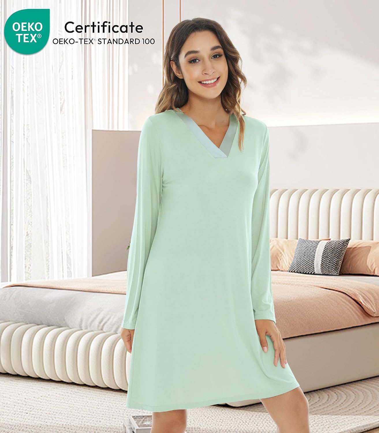 NACHILA Nightgowns for Women-Viscose Made from Bamboo,Long Sleeve Night Shirt Soft Sleepshirt Satin V Neck Sleepwear