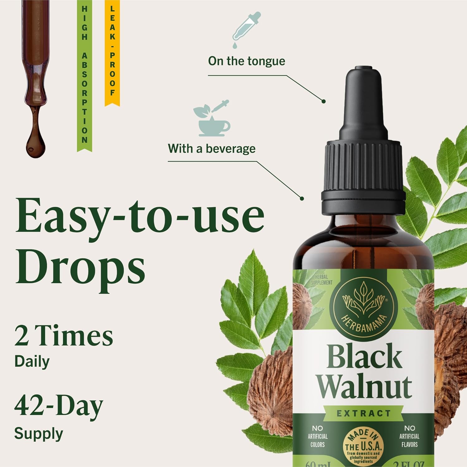 HERBAMAMA Black Walnut Tincture - Vegan Digestive Cleanse Support with Black Walnut Hull Extract Drops - Non-GMO, Alcohol & Sugar-Free Liquid Gut Supplement, 42-Day Supply - Image 6