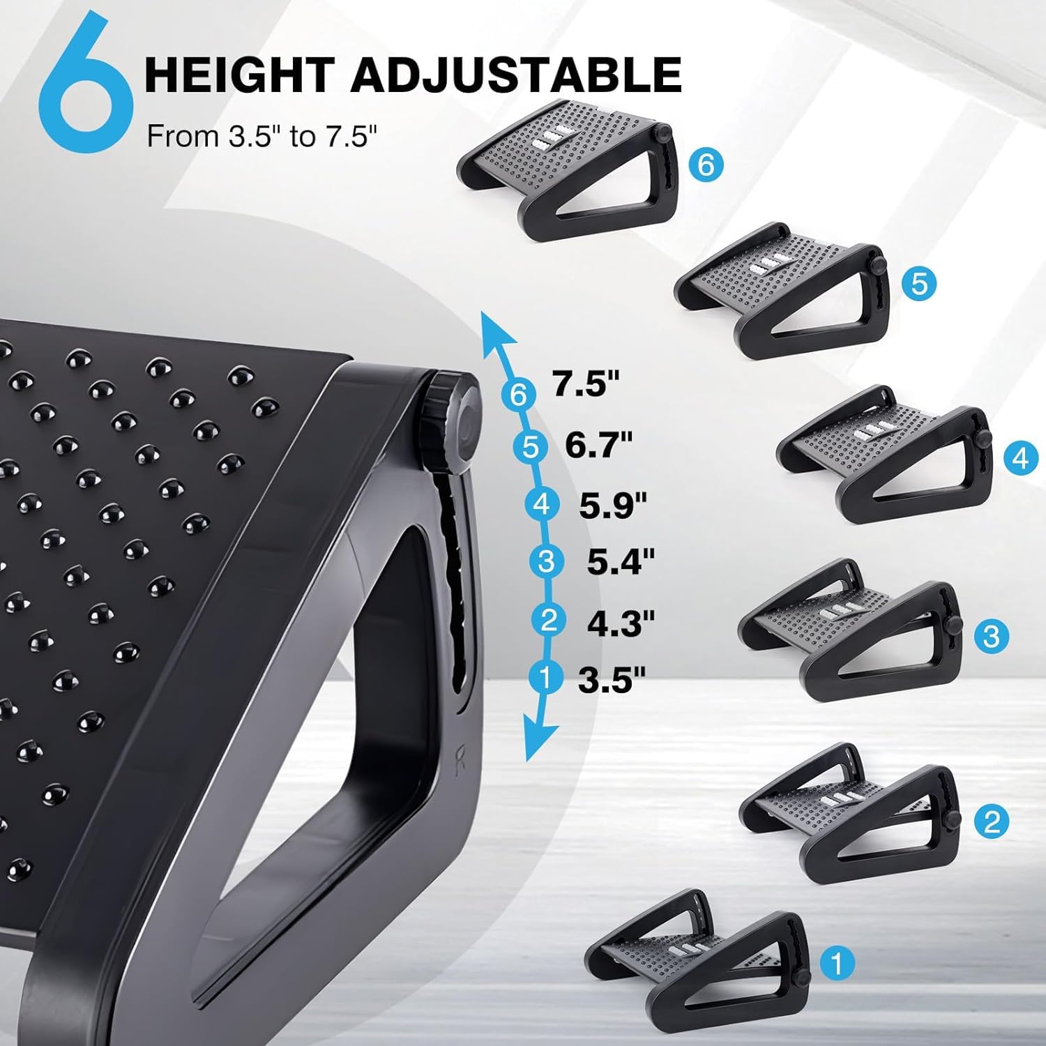 FWQPRA Foot Rest | Six Height Adjustable Foot Rest for Under Desk at Work | Ergonomic Foot Stool for Under Office Desk | Under Desk Footrest with Foot Massage Roller for Leg Rest (Black)