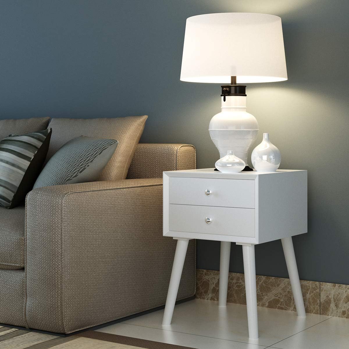 Giantex White Nightstand Set of 2, Wooden Bedside Tables w/ 2 Storage Drawers & Solid Wood Legs, Practical End Side Table, Mid Century Modern Night Stand for Living Room Bedroom