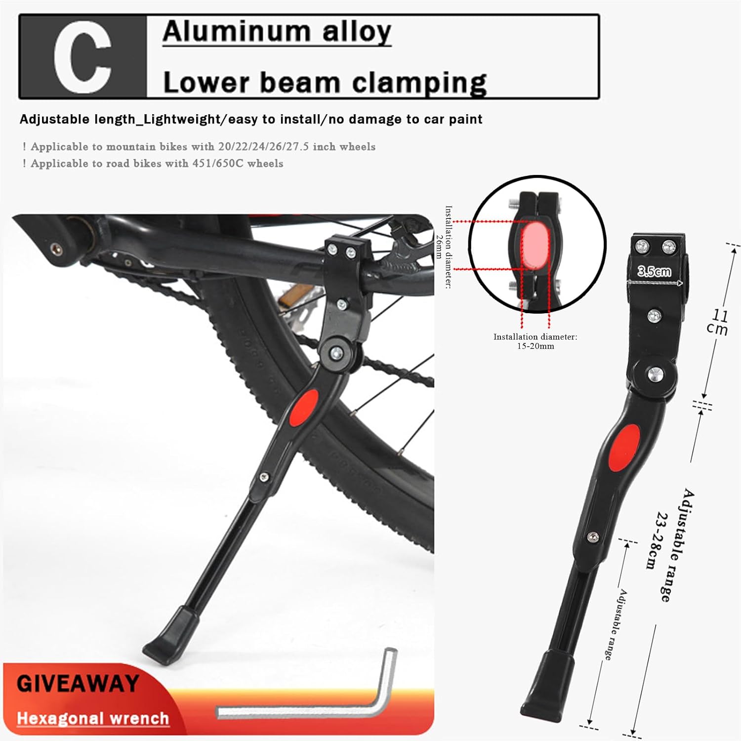 Bike Kickstand for Specialized Fuse Comp 29 Fuse Expert Fuse Expert 6Fattie Globe Haul, Aluminum Adjustable Kickstand Foot Side Stand Suppor Rear Side Bicycle Stand with Non-Slip Rubber Foot