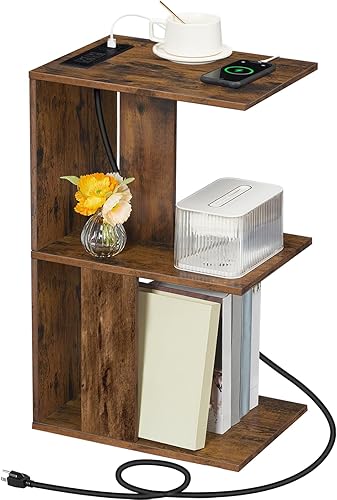 Mesa auxiliar con estación de carga, mesa auxiliar estrecha para espacios pequeños, mesa de sofá con estante de almacenamiento, mesita de noche